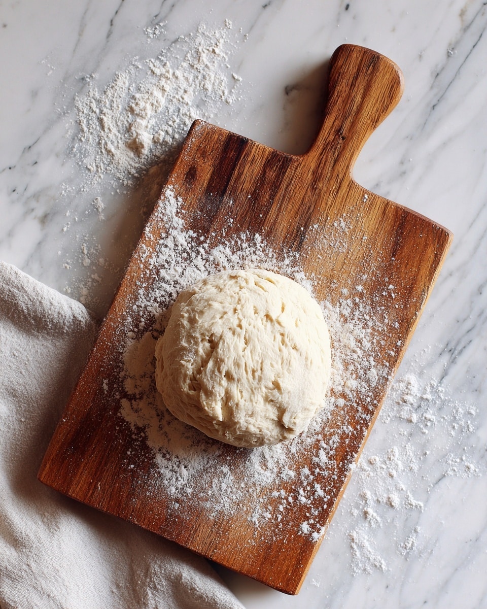 A wooden board lies on a white marbled surface with some scattered white flour on the left side. In the middle of the board, there is a single round dough piece, slightly irregular in shape, with a smooth and pale texture. The dough appears soft and slightly thick, ready for shaping or baking. photo taken with an iphone --ar 4:5 --v 7