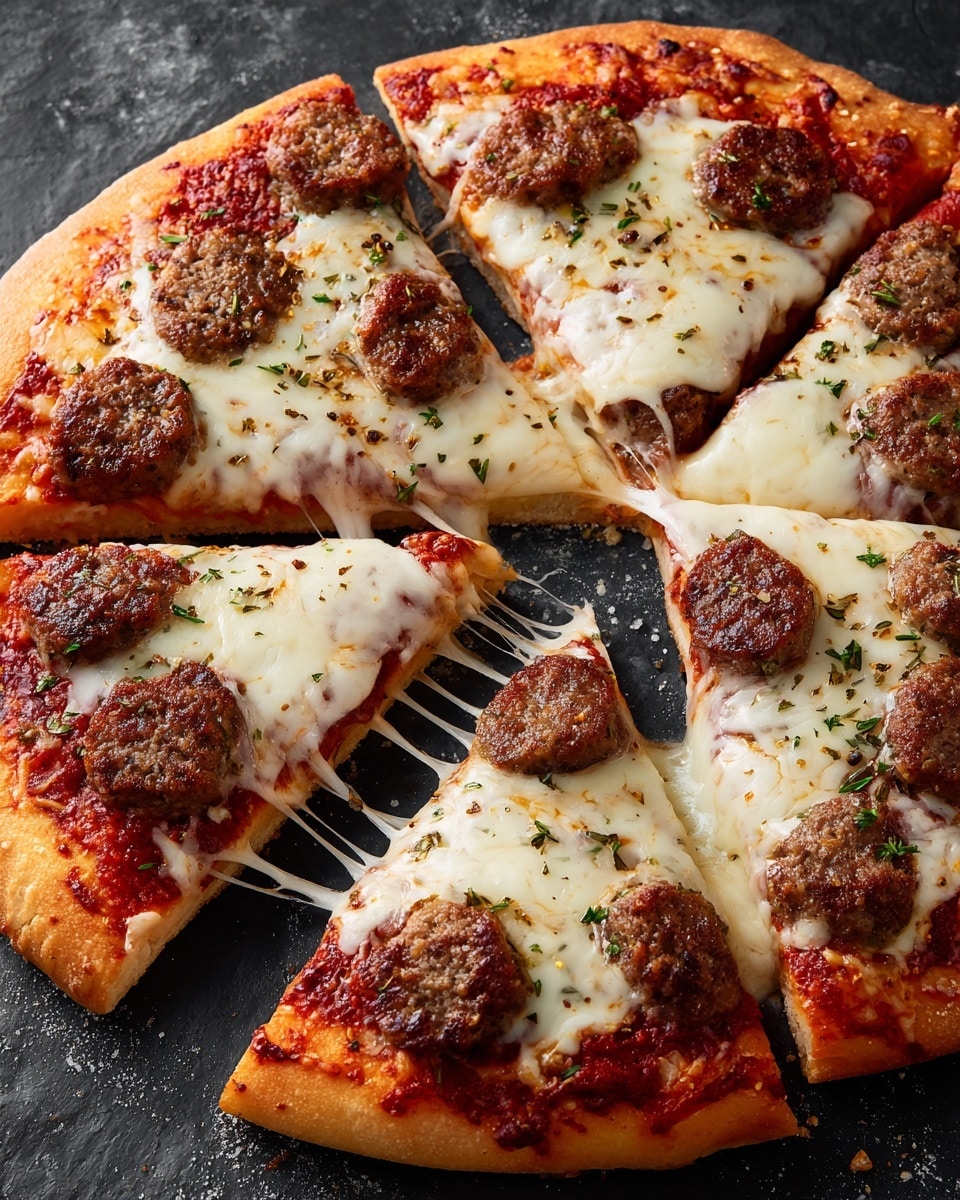 A pizza with five slices is shown on a dark gray textured surface. The pizza has a thick golden crust that looks soft and fluffy. The base layer is bright red tomato sauce, covered with a layer of melted white cheese that is slightly browned. On top, there are round slices of browned sausage evenly spread. Small bits of dried herbs are sprinkled over the cheese and sausage, adding a speckled texture. One slice is being lifted slightly, showing thin cheese strings stretching between slices. photo taken with an iphone --ar 4:5 --v 7
