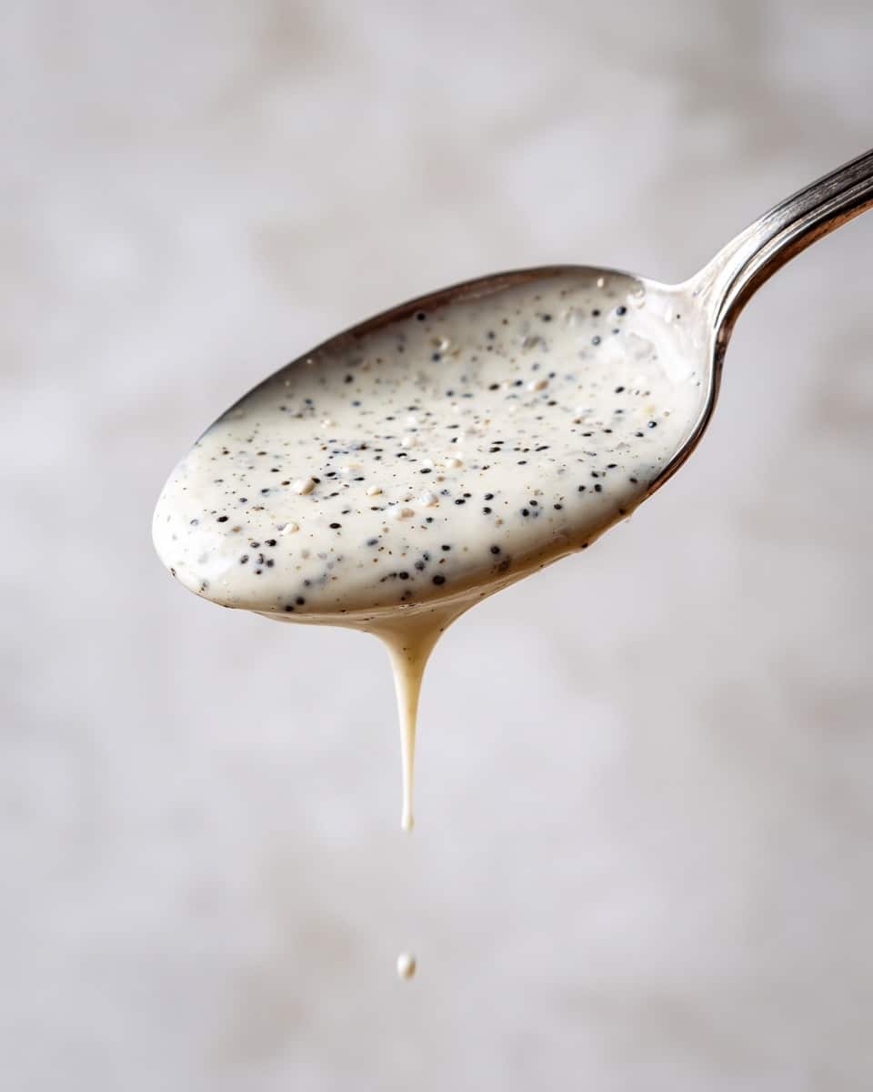 A close-up image of a shiny metallic spoon holding a creamy white sauce speckled with small black seeds or grains. The sauce looks smooth with tiny bubbles on its surface. A thin stream of the sauce is dripping from the spoon against a soft, out-of-focus white marbled background. The spoon fills most of the frame with a sharp focus on the sauce texture photo taken with an iphone --ar 4:5 --v 7