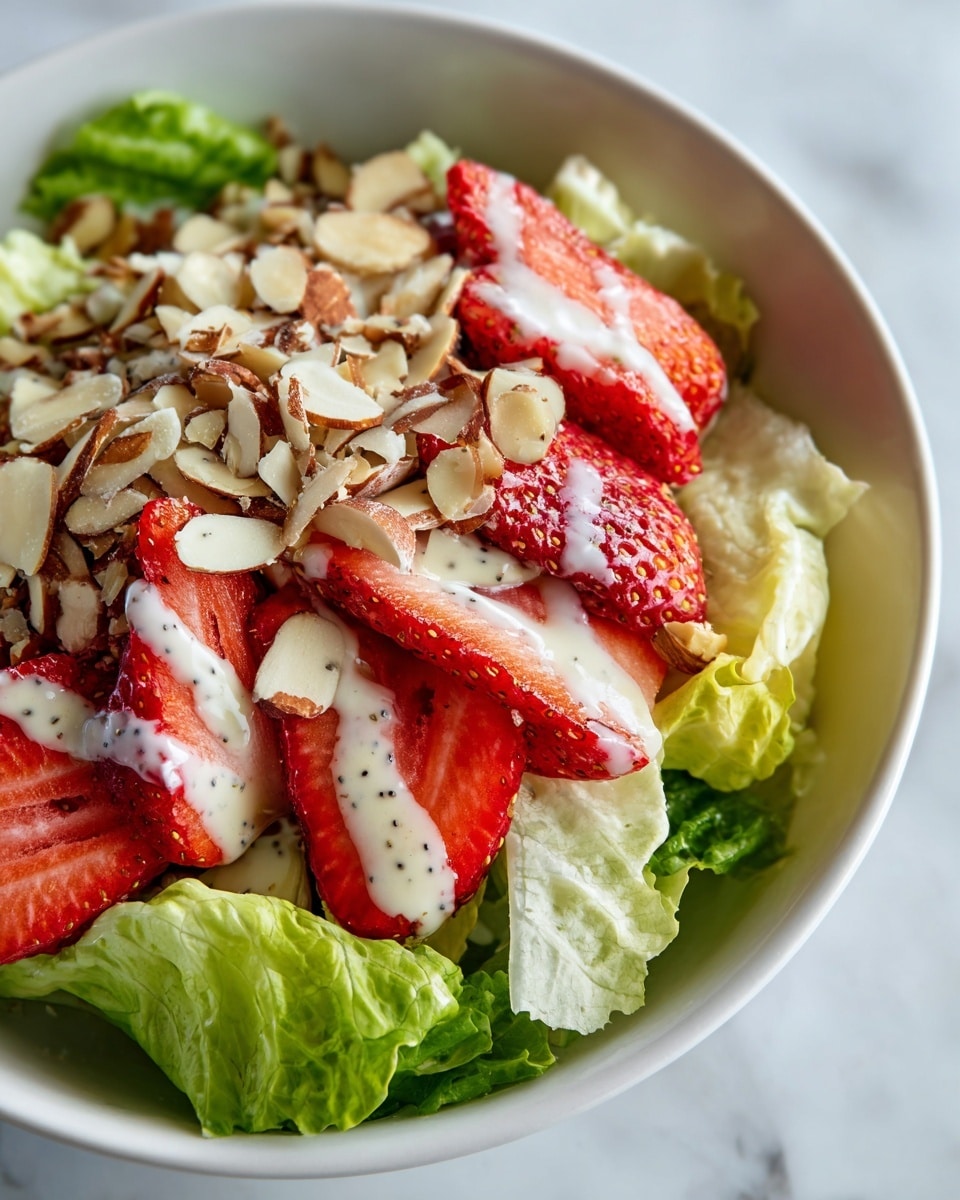A close-up view of a salad served in a white bowl, showing three main layers: the bottom layer is fresh, crisp green lettuce leaves; the middle layer features bright red and white strawberries sliced in halves; the top layer is a rich sprinkle of golden-brown almond slices and small pieces of nuts mixed with a creamy, white poppy seed dressing drizzled lightly over the strawberries and nuts. The background is a white marbled texture. photo taken with an iphone --ar 4:5 --v 7