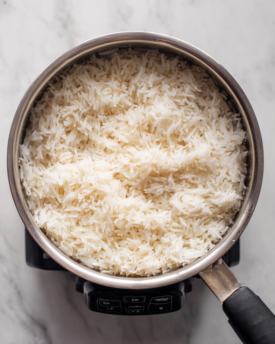 A shiny silver pot filled with one layer of cooked white rice that looks fluffy and separate, sitting on a white marbled surface. The rice covers the entire bottom of the pot evenly, showing some steam and a soft texture. The pot handle is visible on the right side, and part of a black cooker with buttons can be seen below. Photo taken with an iphone --ar 4:5 --v 7