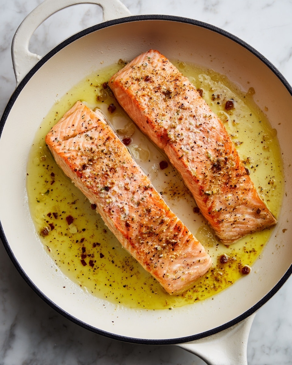 Two pieces of cooked salmon with a pinkish-orange color and light pepper seasoning sit side by side in a white pan with a black rim. The pan has a white handle and contains a layer of melted butter or oil with some small brown spices floating on top. The background is a white marbled texture. photo taken with an iphone --ar 4:5 --v 7
