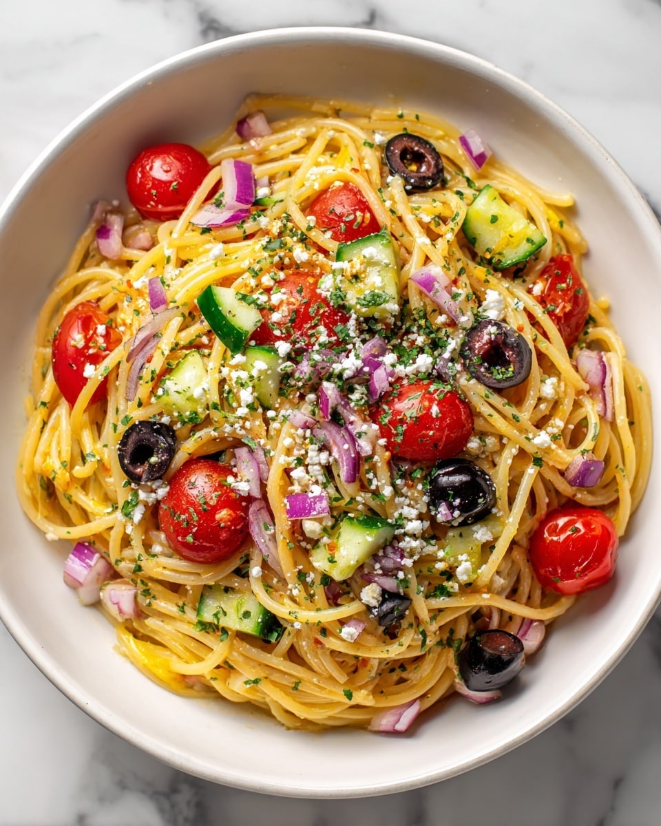 A white bowl filled with spaghetti pasta that has a light yellow color as the base layer. On top, there are evenly scattered pieces of bright red halved cherry tomatoes, dark black round olive slices, and chunky green cucumber cubes. Small purple onion pieces and fine green herb sprinkles are mixed throughout. The dish is lightly topped with white crumbly cheese, adding a grainy texture. All of this is set on a white marbled surface. Photo taken with an iphone --ar 4:5 --v 7