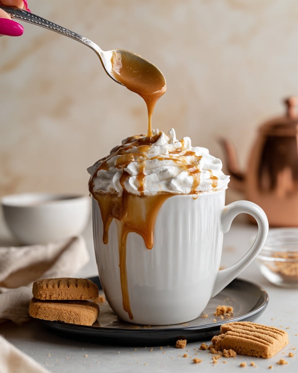 A white ceramic mug filled to the top with white whipped cream, over which a layer of thick light brown sauce is being poured from a silver spoon held by a woman's hand with bright pink nails. The sauce drips down the sides of the mug and spills onto a black tray below. On the tray, there are three light brown rectangular cookies and cookie crumbs scattered around. In the background, a small white bowl, a clear glass bowl with some sauce residue inside, and a copper kettle sit on a beige surface with a white marbled texture. Photo taken with an iphone --ar 4:5 --v 7