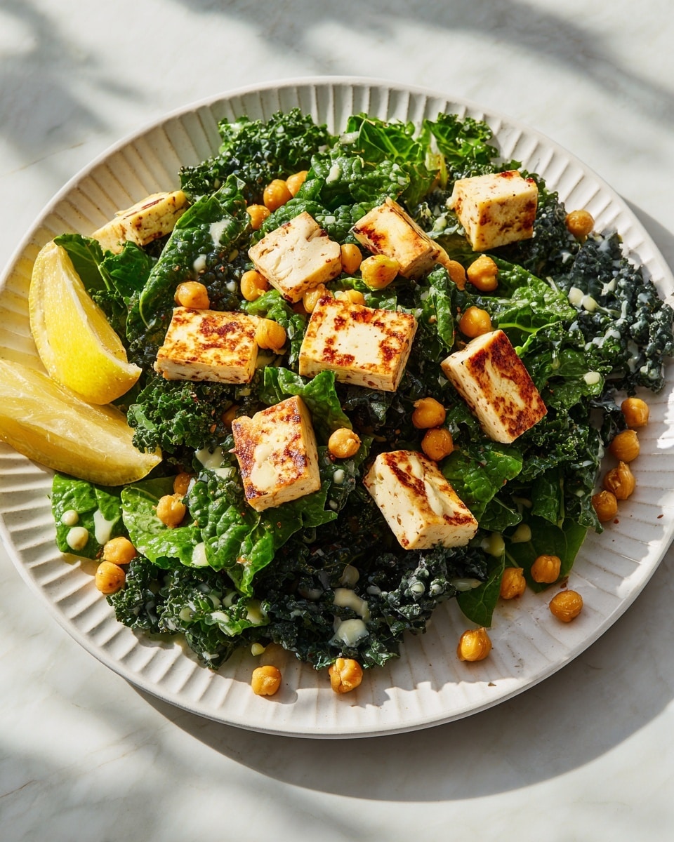 A white round plate with ridged edges holds a fresh kale salad layered with dark green, curly kale leaves as the base. On top, there are light beige, grilled tofu cubes with visible grill marks scattered evenly. Small golden roasted chickpeas are sprinkled across the salad, adding crunch and texture. To the side of the salad, two bright yellow lemon wedges rest on the plate. The salad is lightly coated with a creamy dressing, giving it a slightly glossy appearance. The surface underneath the plate has a white marbled texture with soft shadows cast by natural light. Photo taken with an iphone --ar 4:5 --v 7