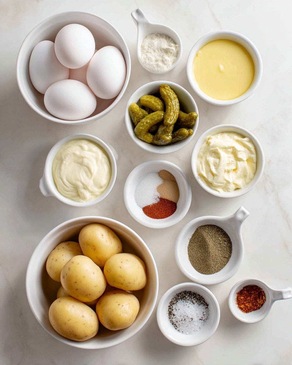 Several white small bowls and a white bowl are arranged on a white marbled surface. The white bowl at the bottom contains six light yellow potatoes. To the left of it, a white bowl holds six white eggs. Above, nine small white bowls, including one measuring cup, contain various ingredients: a smooth yellow mustard, a clear light yellow liquid, chopped green pickles, thick creamy white mayonnaise, light brown and dark brown spices, black pepper, white salt, and a small amount of coarse white salt. The bowls are placed in a neat grid, showing a variety of textures from powdery to creamy. Photo taken with an iphone --ar 4:5 --v 7