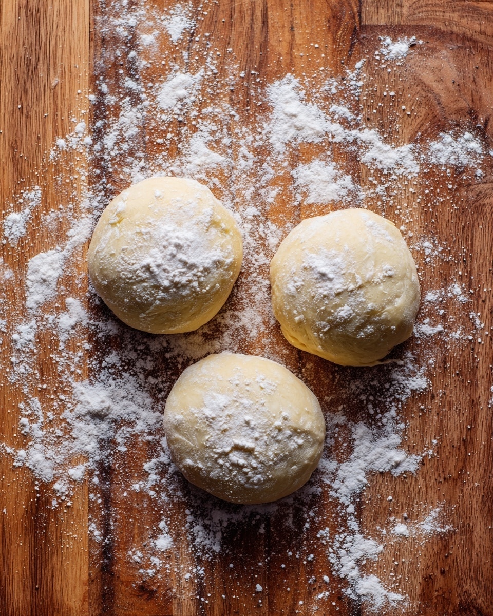 The image shows three round dough balls placed on a wooden surface covered with a light dusting of flour. Each dough ball has a smooth, pale cream color with some flour dusted on top, giving a slightly textured look. The three dough balls are spaced evenly in a triangular arrangement, and the wooden surface has a warm brown color with visible grain and scattered white flour patches around the dough. The background is a white marbled texture. photo taken with an iphone --ar 4:5 --v 7
