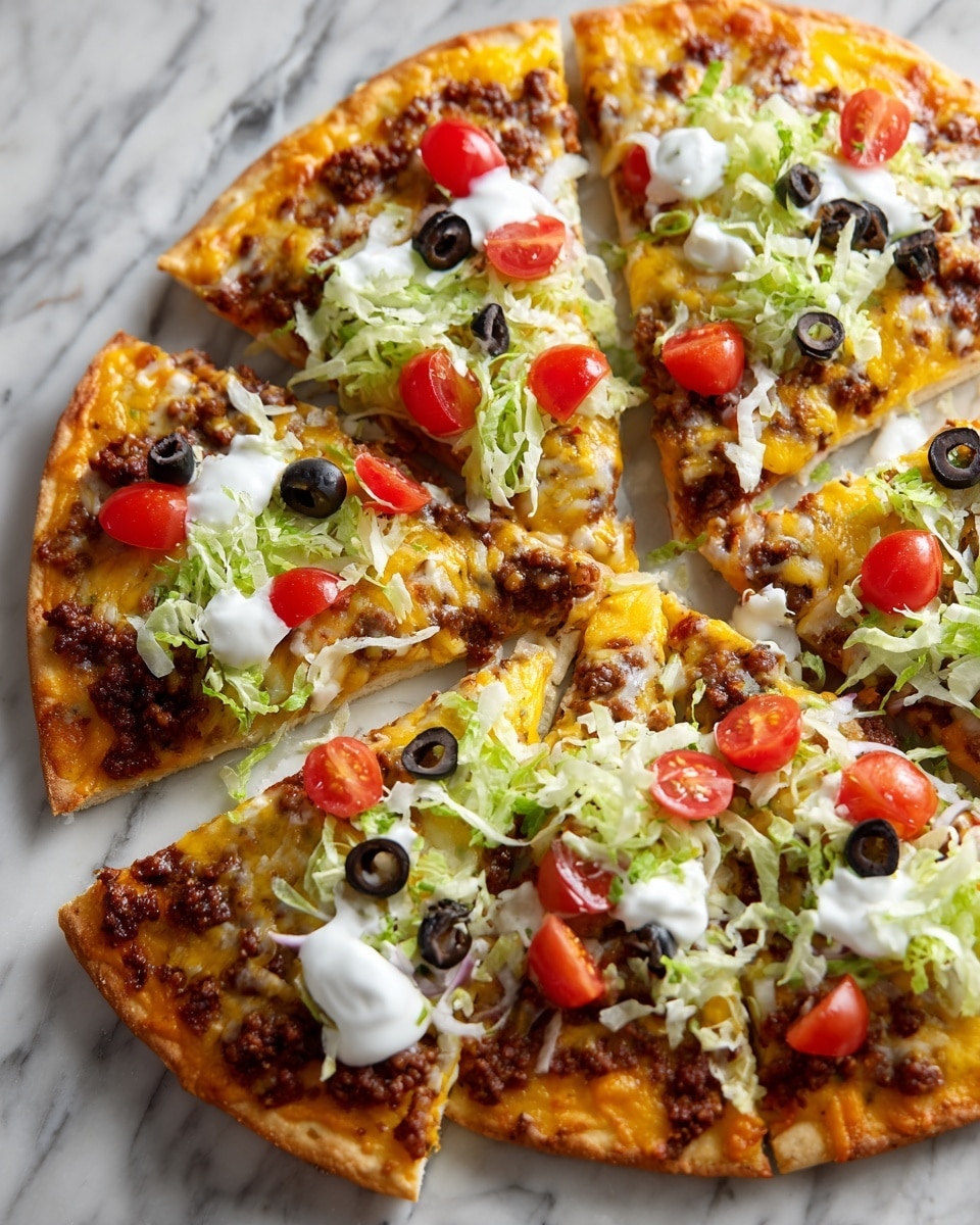 A round pizza sliced into eight pieces sits on a white marbled surface, featuring a golden-brown crust with a light, crispy edge. The base layer is melted yellow cheese blanketing the crust, topped with cooked ground beef in small crumbles spread evenly across. Scattered over the pizza are black olive slices and bright red cherry tomato pieces cut in halves. Fresh, light green shredded lettuce is loosely placed on top alongside white dollops of sour cream, adding a soft texture contrast. The toppings are vibrant and varied, creating a colorful and appetizing look photo taken with an iphone --ar 4:5 --v 7