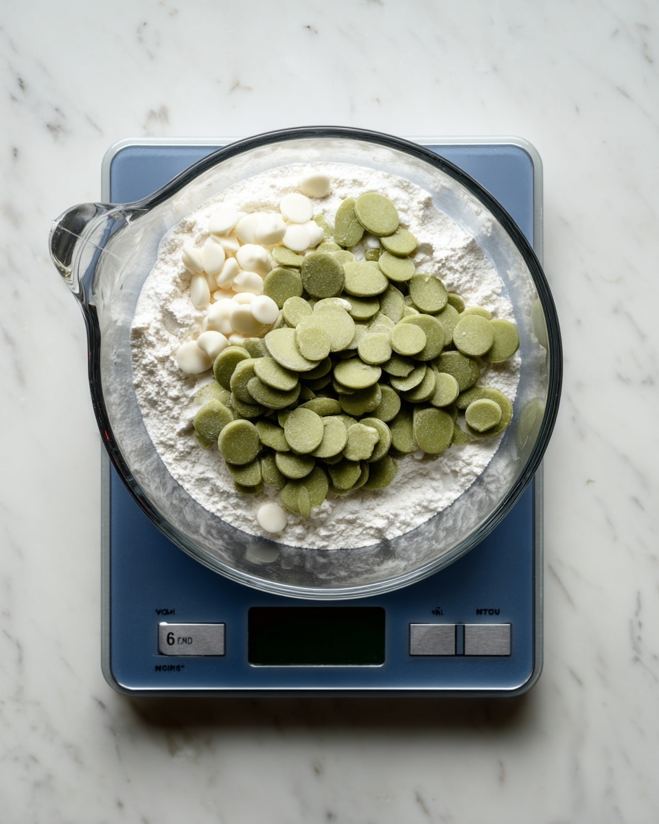 A clear glass Pyrex measuring cup sits on a digital scale with a blue surface, showing a weight of 8 ounces. Inside the cup, there are three layers: the bottom layer is a white powdery substance, the middle layer consists of creamy white small bits, and the top layer is made up of flat, round, green discs scattered evenly with a few small white chunks on top. The entire setup is placed on a white marbled surface. Photo taken with an iphone --ar 4:5 --v 7