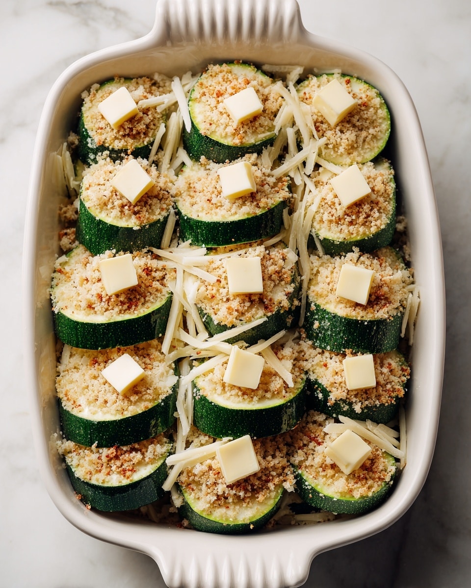 A white ceramic casserole dish filled with multiple stacks of green zucchini slices. Each stack is topped with a thick layer of golden brown breadcrumbs, with some shredded white cheese scattered evenly between and on top of the zucchini. Small squares of pale yellow butter are dotted across the breadcrumb layer. The dish is set on a white marbled texture surface. photo taken with an iphone --ar 4:5 --v 7
