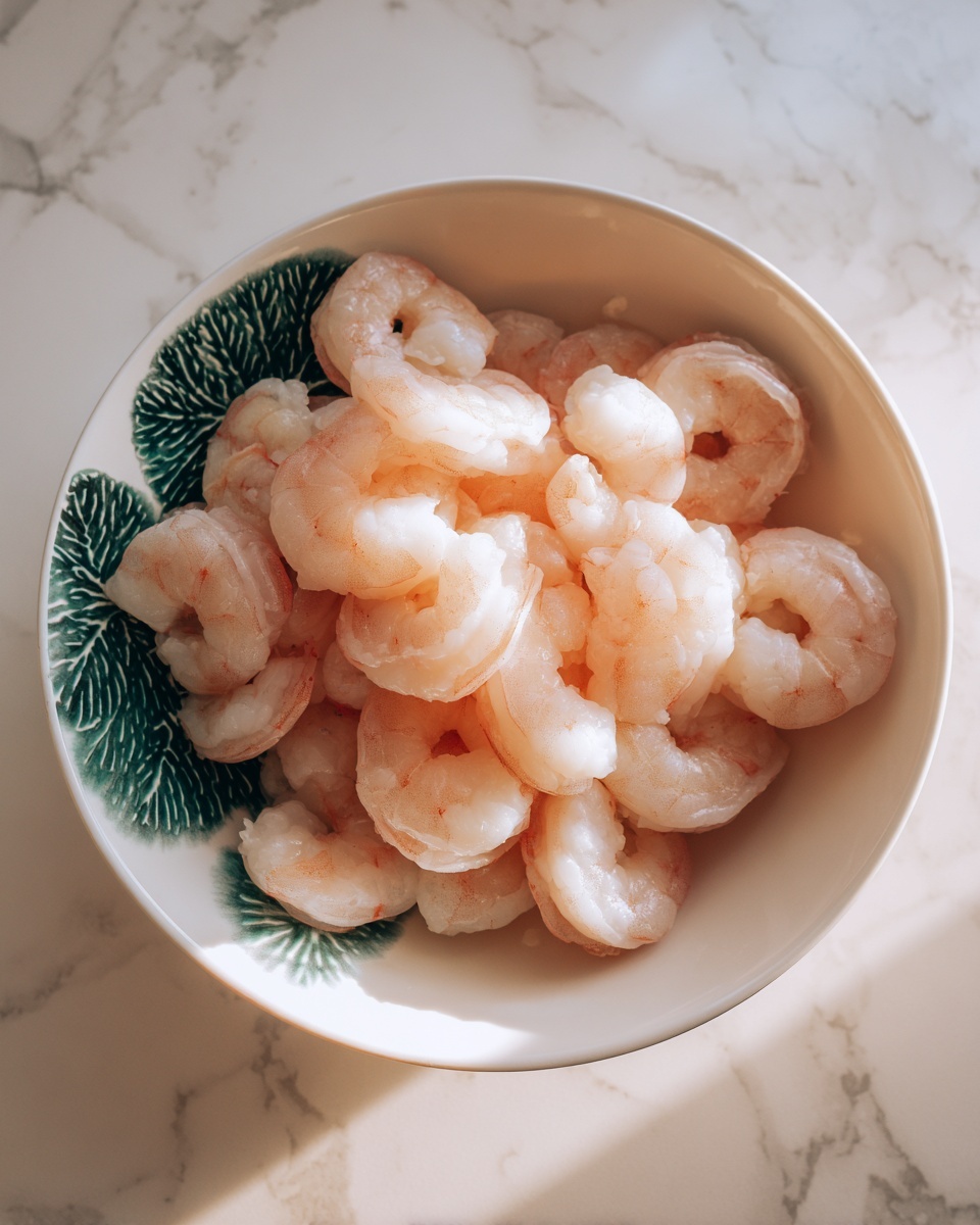 A white bowl with a dark green leaf pattern on one side is filled with peeled shrimp. The shrimp are light pink and white, arranged roughly in a pile, showing their curved shape and smooth texture. The bowl is placed on a white marbled surface. Photo taken with an iphone --ar 4:5 --v 7