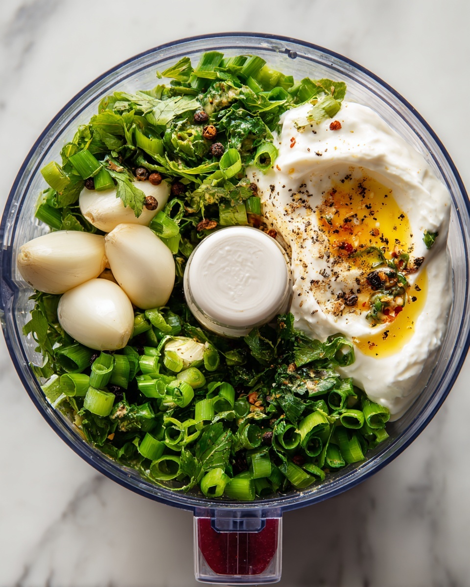 The image shows a top view of a transparent food processor bowl with a white blade in the center, filled with layers of fresh ingredients. At the bottom, bright green chopped scallions and cilantro leaves create a fresh leafy texture. On the left side, there are whole garlic cloves resting among the greens. At the top of the bowl, a smooth layer of creamy white yogurt or sauce contrasts with the green ingredients. A sprinkling of black pepper and a drizzle of yellow oil are scattered mainly on the creamy layer and some leaves. The food processor has clear and red parts, and the whole scene sits on a white marbled surface. Photo taken with an iphone --ar 4:5 --v 7