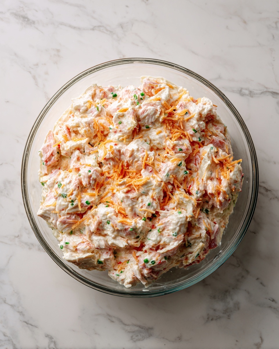 The image shows a clear glass dish filled with a mixed salad-like dish. The top layer has chunks of light pink and white pieces that look soft and creamy. Mixed throughout are orange shreds, likely cheese, adding color and texture variation. Small green bits are scattered evenly throughout, adding a touch of freshness. The dish appears creamy and dense with a mix of soft textures and colors close to cream, orange, pink, and green, all sitting neatly inside the clear container on a white marbled surface. Photo taken with an iphone --ar 4:5 --v 7