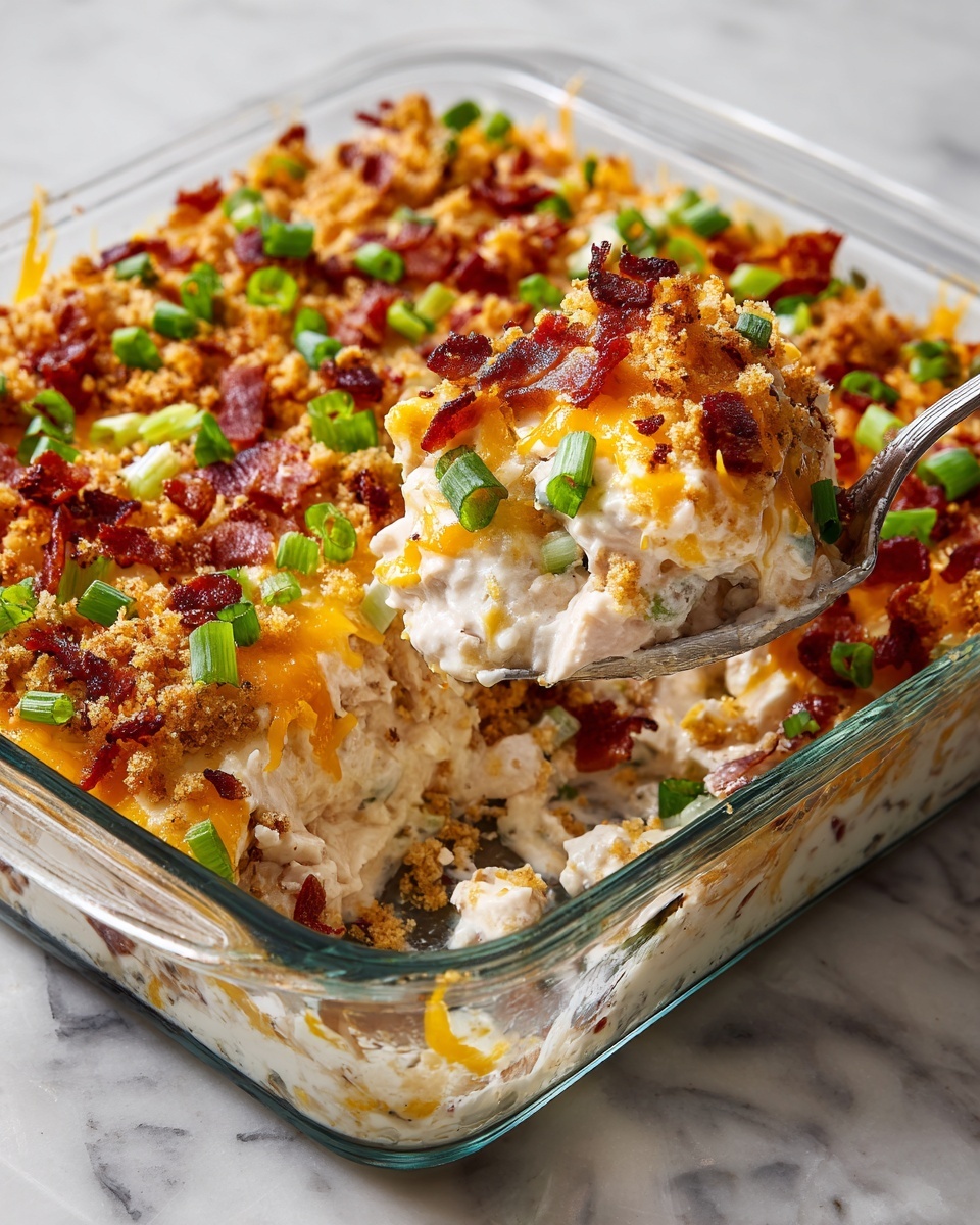 A glass baking dish filled with a creamy casserole showing several layers: a bottom layer of white creamy sauce mixed with chunks of white chicken, topped with melted yellow and orange cheddar cheese, and scattered crispy pieces of bacon and golden crunchy crumbs. Green slices of fresh scallions are sprinkled on top. A silver spoon rests inside the dish scooping some of the casserole, and the dish is placed on a white marbled surface. photo taken with an iphone --ar 4:5 --v 7