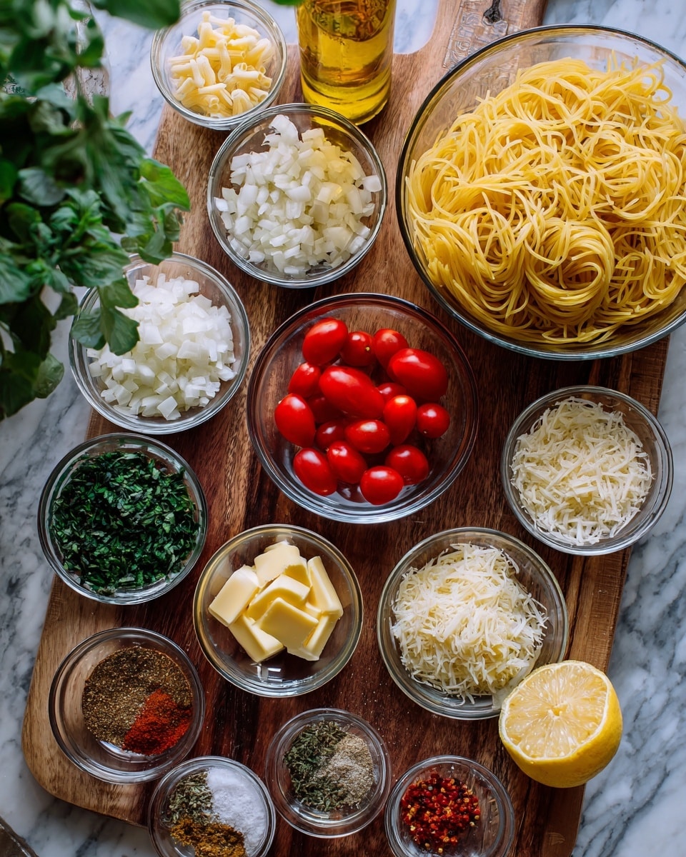 The image shows many small clear glass bowls arranged on a wooden board, each with different ingredients. At the back right, there is a pile of uncooked yellow spaghetti. Near the center, a large clear bowl holds red halved cherry tomatoes. Surrounding it are smaller bowls filled with chopped white onions, minced garlic, finely chopped green herbs, and shredded white cheese. In the front, more small bowls contain yellow sticks of butter, a golden liquid oil, dry spices in light brown and dark brown shades, and red pepper flakes. A halved lemon with a bright yellow color is positioned near the center. In the background, a green leafy plant and a bottle with a yellow label are visible. The setting is on a white marbled textured surface photo taken with an iphone --ar 4:5 --v 7