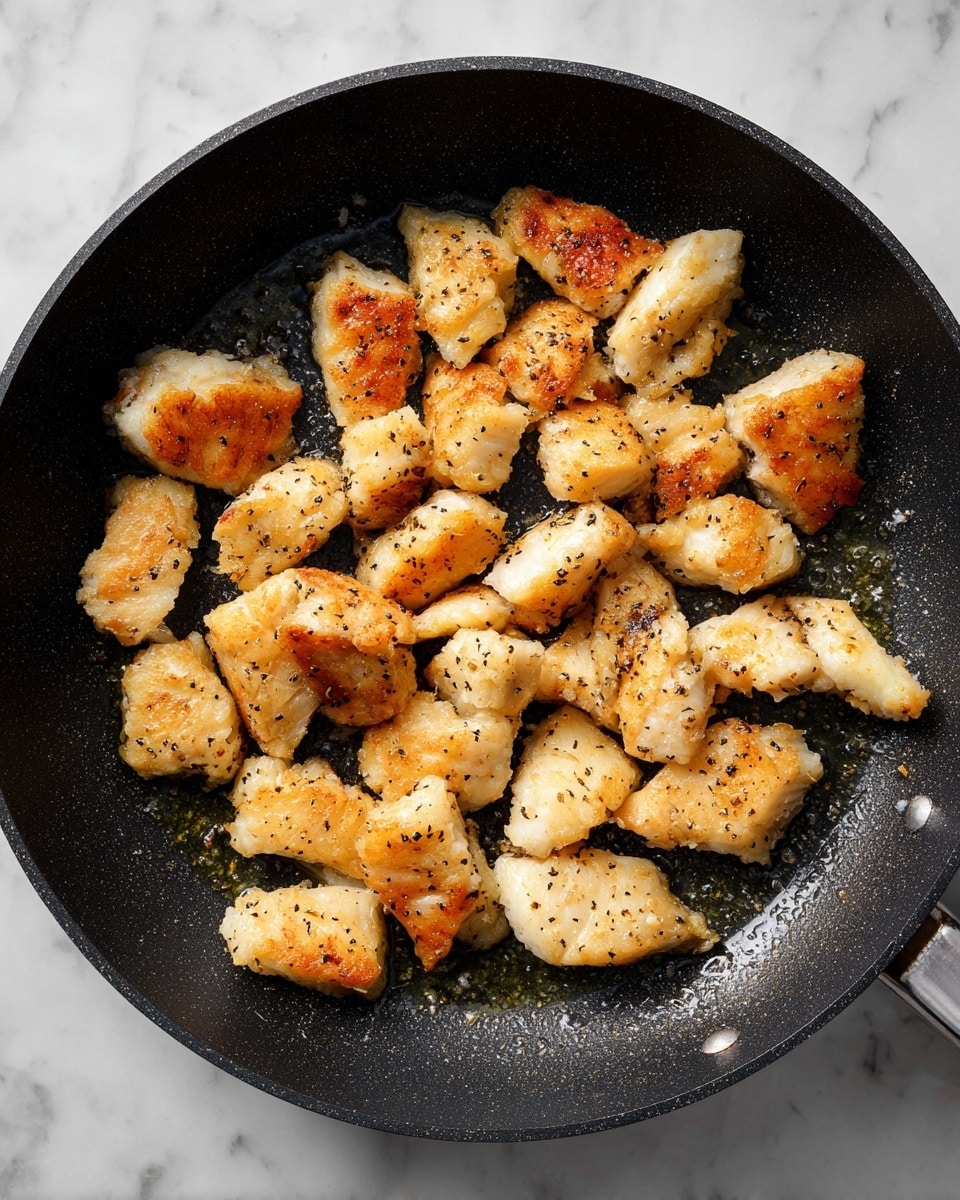 The image shows a black frying pan filled with small pieces of cooked fish fillets. Each fillet piece has a golden brown color with a slightly crispy texture on the edges, and visible seasoning of black pepper. The fish pieces vary in shape and size, scattered evenly across the pan with some oil glistening around them. The pan itself has a slightly shiny, textured surface with some oil bubbles visible, and the background is a white marbled texture. photo taken with an iphone --ar 4:5 --v 7