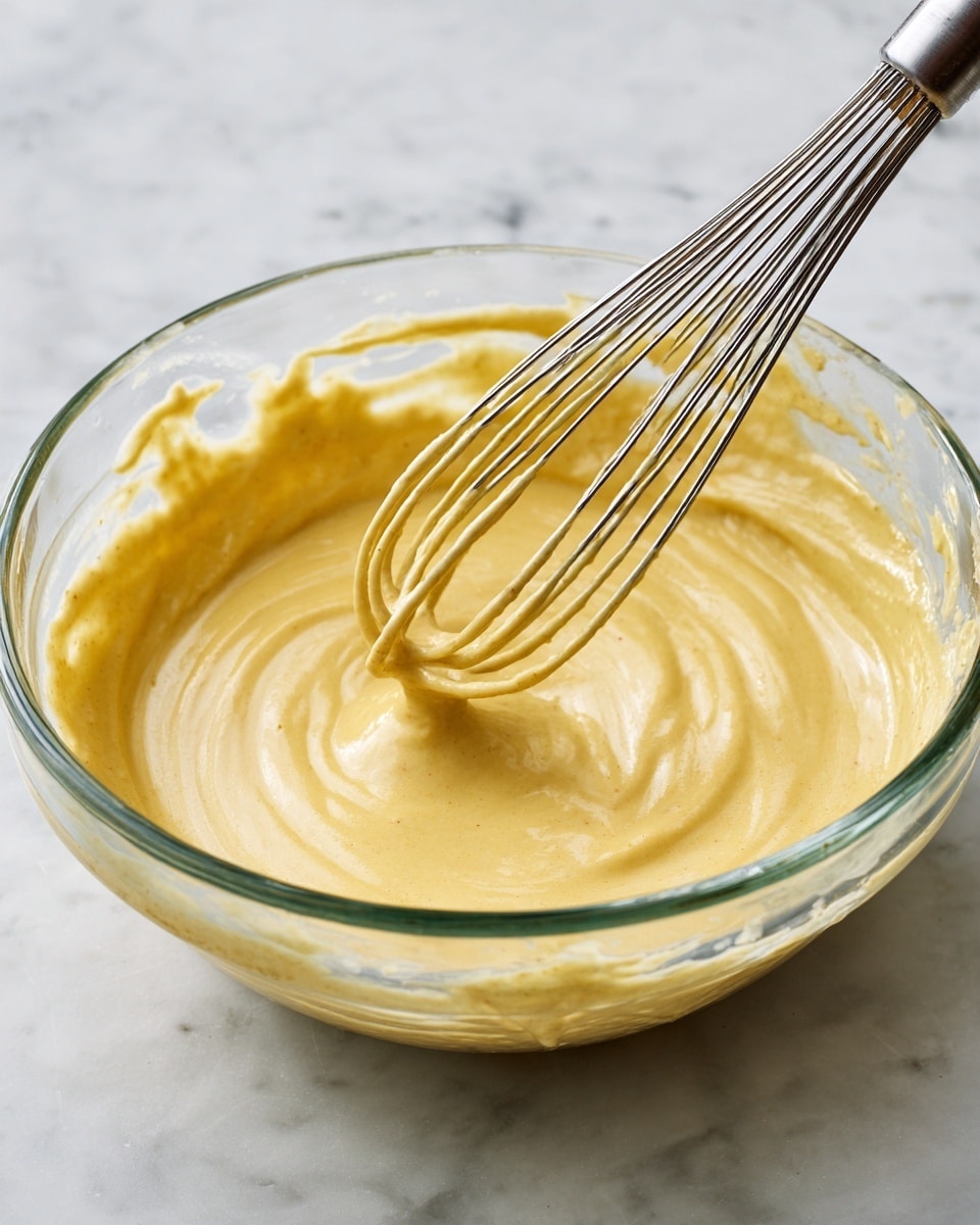 A clear glass bowl placed on a white marbled surface holds a thick, smooth mustard-yellow batter being mixed with a shiny metal whisk. The batter is creamy and well-blended with a slightly glossy texture. The metal whisk is partially dipped into the batter and lifted slightly, showing motion in the mixture. The bowl shows some batter residue along the sides, emphasizing the mixing action. photo taken with an iphone --ar 4:5 --v 7