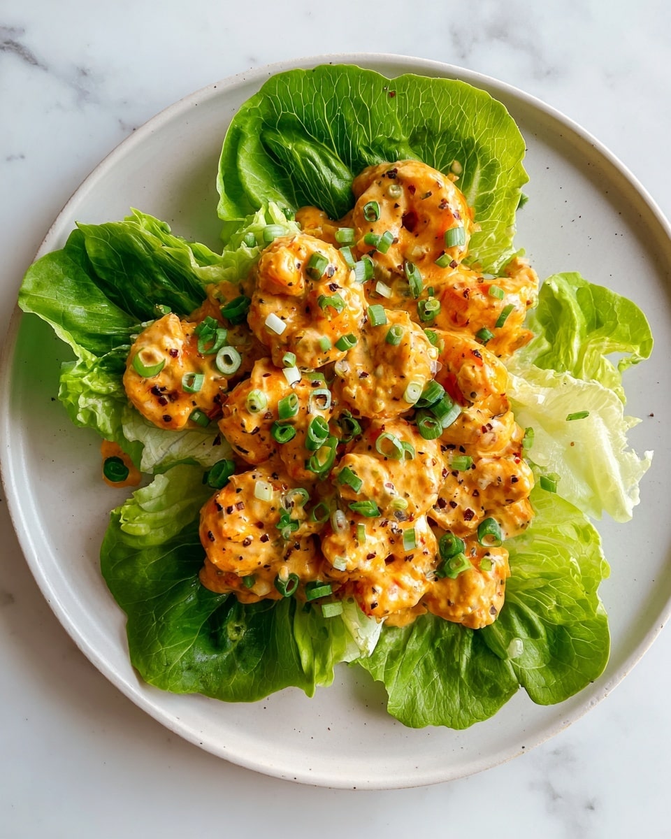 On a white plate placed on a white marbled surface, there is a layer of large, fresh green lettuce leaves forming the base. On top of the lettuce, there is a mound of shrimp coated in a creamy orange sauce with small bits visible, and the shrimp have a firm texture with some light browning. Scattered over the shrimp are small green chive pieces adding a fresh contrast. The dish is neatly arranged, showing the round shape of the plate and vibrant colors of the ingredients. photo taken with an iphone --ar 4:5 --v 7