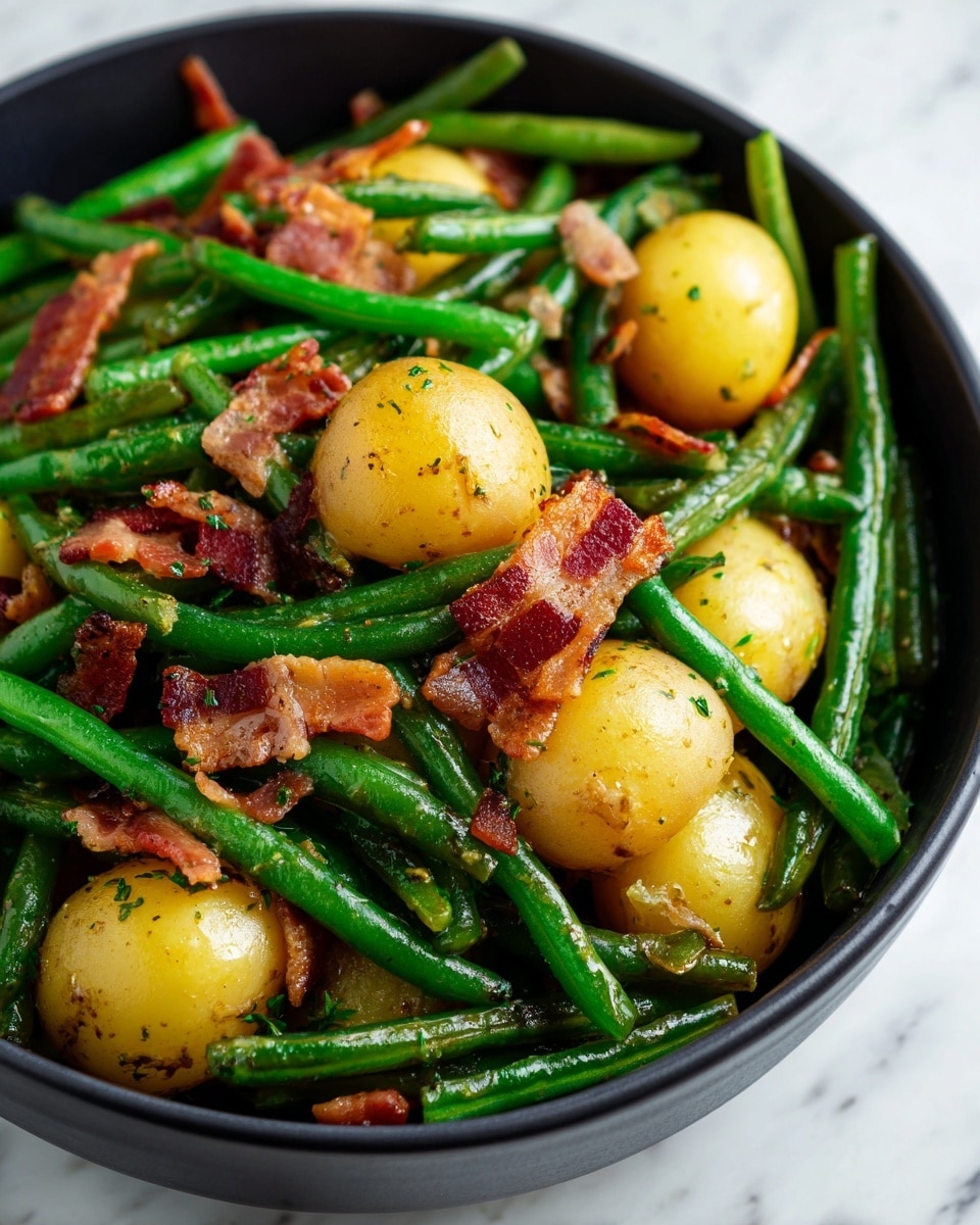 A close-up view of a black bowl filled with cooked green beans, small whole yellow potatoes, and pieces of crispy bacon evenly mixed on top and throughout. The green beans are long, soft, and dark green, lying in multiple layers with the yellow potatoes sitting prominently in the middle and around the edges. The bacon pieces are scattered on top, showing a rough texture with red and white colors. The bowl is placed on a white marbled surface. photo taken with an iphone --ar 4:5 --v 7