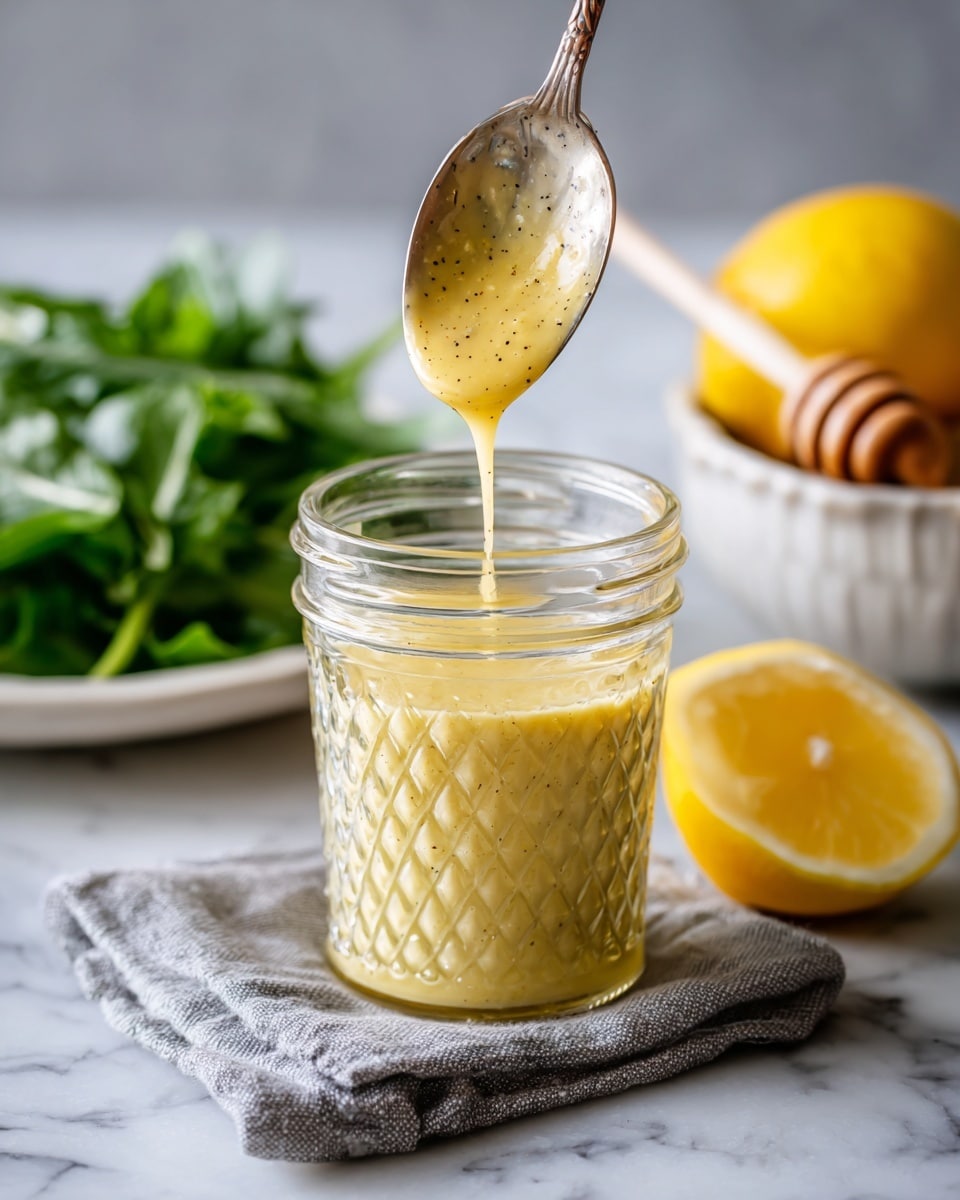 A clear glass jar with a textured diamond pattern is filled with smooth, pale yellow sauce with visible black specks. A spoon is held above the jar, dripping the thick sauce back inside. The jar sits on a soft gray cloth on a white marbled surface. In the background, there is a plate filled with fresh green leafy herbs, a whole bright yellow lemon, and a white bowl containing honey with a honey dipper inside. Part of a halved, juicy lemon is visible in the foreground. Photo taken with an iphone --ar 4:5 --v 7
