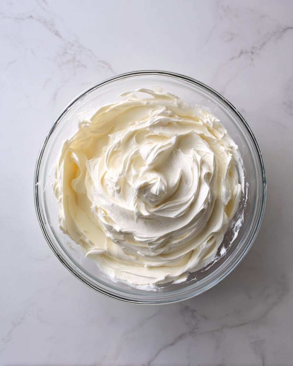 A clear glass bowl holds one layer of smooth and creamy white frosting with soft swirls and slight peaks throughout the mixture, showing a fluffy texture. The bowl is placed on a white marbled surface that has light grey veins, adding a clean and bright background to the image. photo taken with an iphone --ar 4:5 --v 7