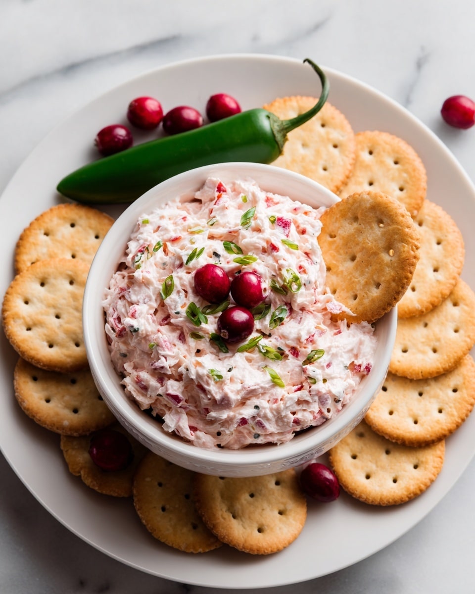 A white bowl filled with pink creamy dip mixed with small red and green bits, topped with finely chopped red and green pieces in the center. A round, light brown cracker is dipped halfway into the dip on the right side of the bowl. The bowl sits on a white plate with a ring of round, light brown crackers arranged around the bowl. A green jalapeño pepper rests above the bowl on the plate, and some whole red cranberries are scattered near the crackers. The white marbled surface under the plate adds a clean, smooth background. photo taken with an iphone --ar 4:5 --v 7