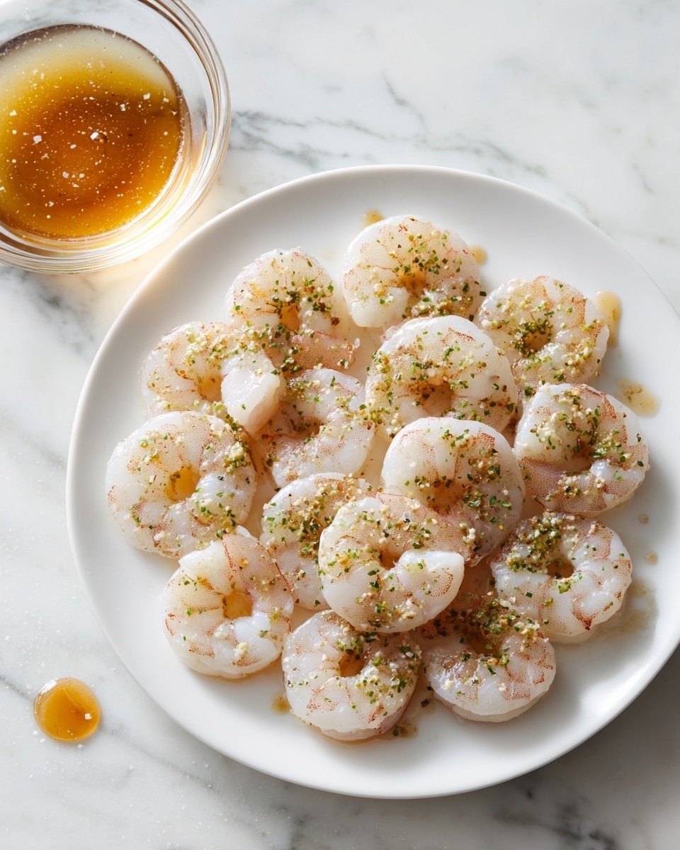 A white plate holds a single layer of raw shrimp arranged in a circular pattern, each piece showing a mix of white and light pink colors with a dusting of green and brown seasoning evenly spread over them. To the top left of the plate, there is a small clear glass bowl with some golden-brown oily sauce, and a small drop of the same sauce is on the white marbled table beside the plate. The surface beneath everything is a smooth white marble texture. photo taken with an iphone --ar 4:5 --v 7