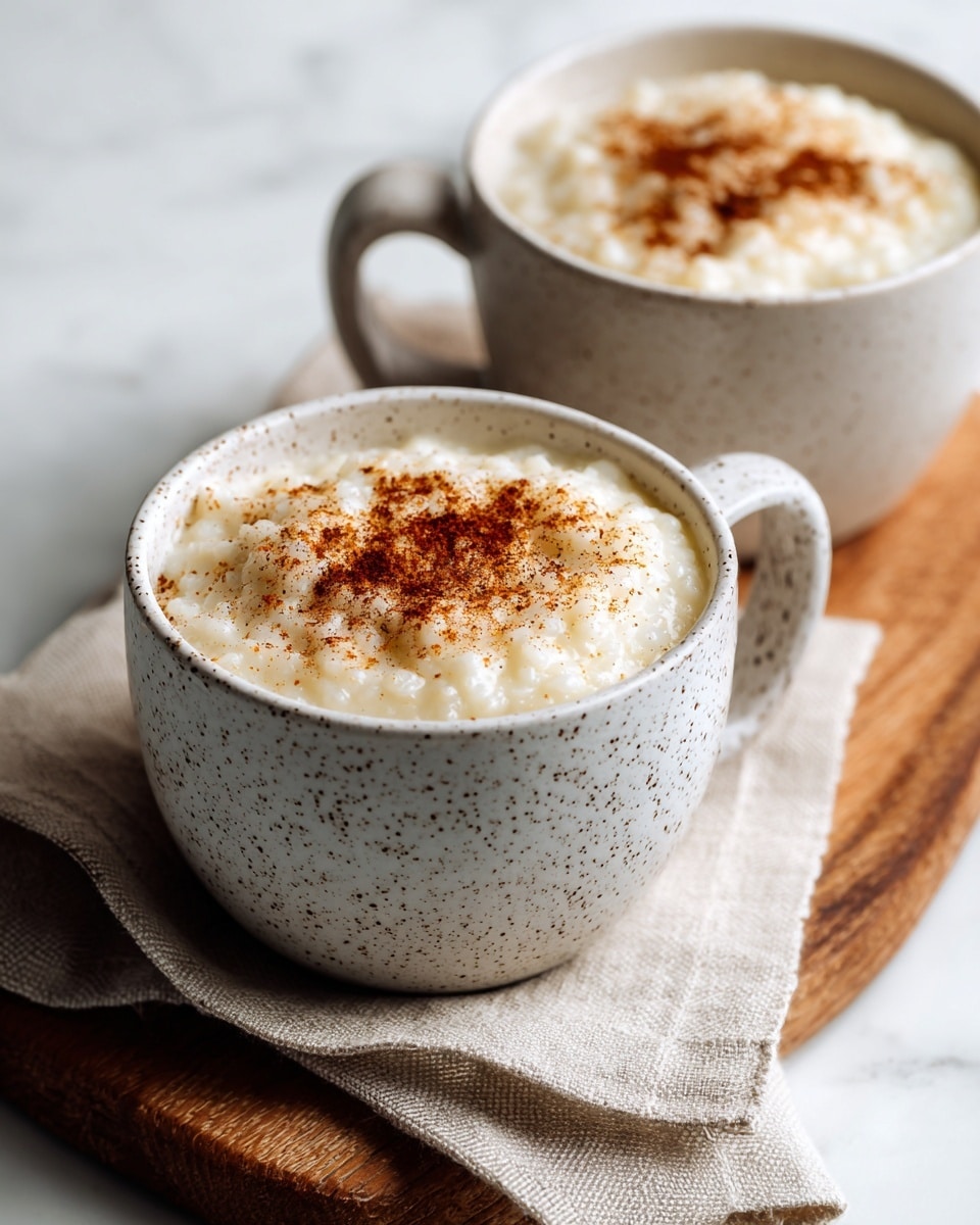 Two white speckled mugs filled with creamy rice pudding sit on a white marbled surface. The pudding is textured with visible round grains of rice, topped with a light sprinkle of brown cinnamon powder. One mug is placed slightly above the other, and a beige cloth napkin lies partially under the top mug, adding a soft element to the wooden background. The creamy white texture of the pudding contrasts with the speckled mugs and the light cinnamon dust on top. photo taken with an iphone --ar 4:5 --v 7