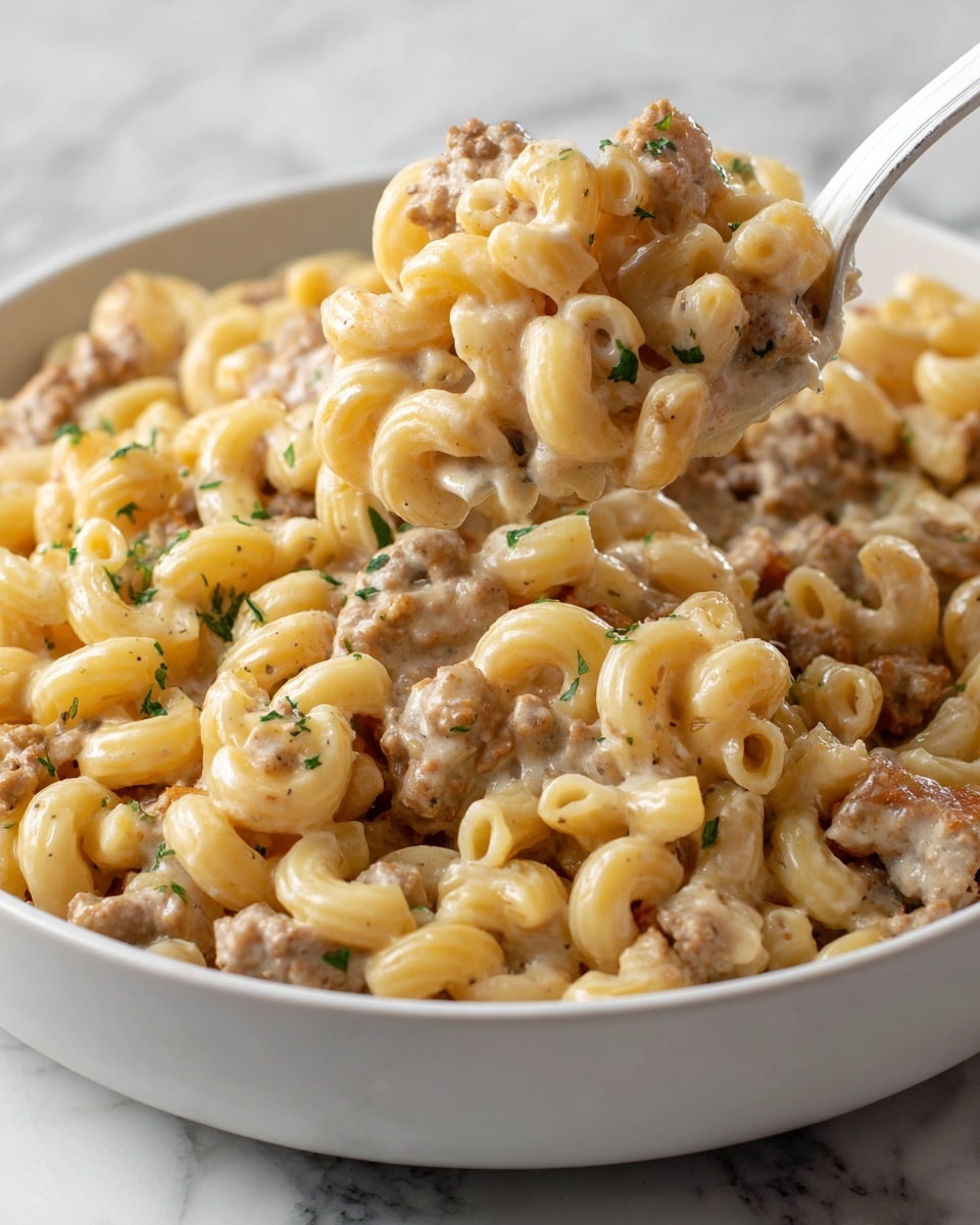 The image shows a close-up of a white bowl filled with macaroni pasta mixed with small pieces of cooked ground meat, all coated in a creamy sauce. The noodles are pale yellow and soft, while the meat pieces are light brown and evenly spread throughout the dish. There are small green herb bits scattered on top for a touch of color. A white spatula is lifting a portion of the macaroni and meat mixture from the bowl, showing the creamy texture and the dense, hearty mix of ingredients. The dish sits on a white marbled surface. photo taken with an iphone --ar 4:5 --v 7