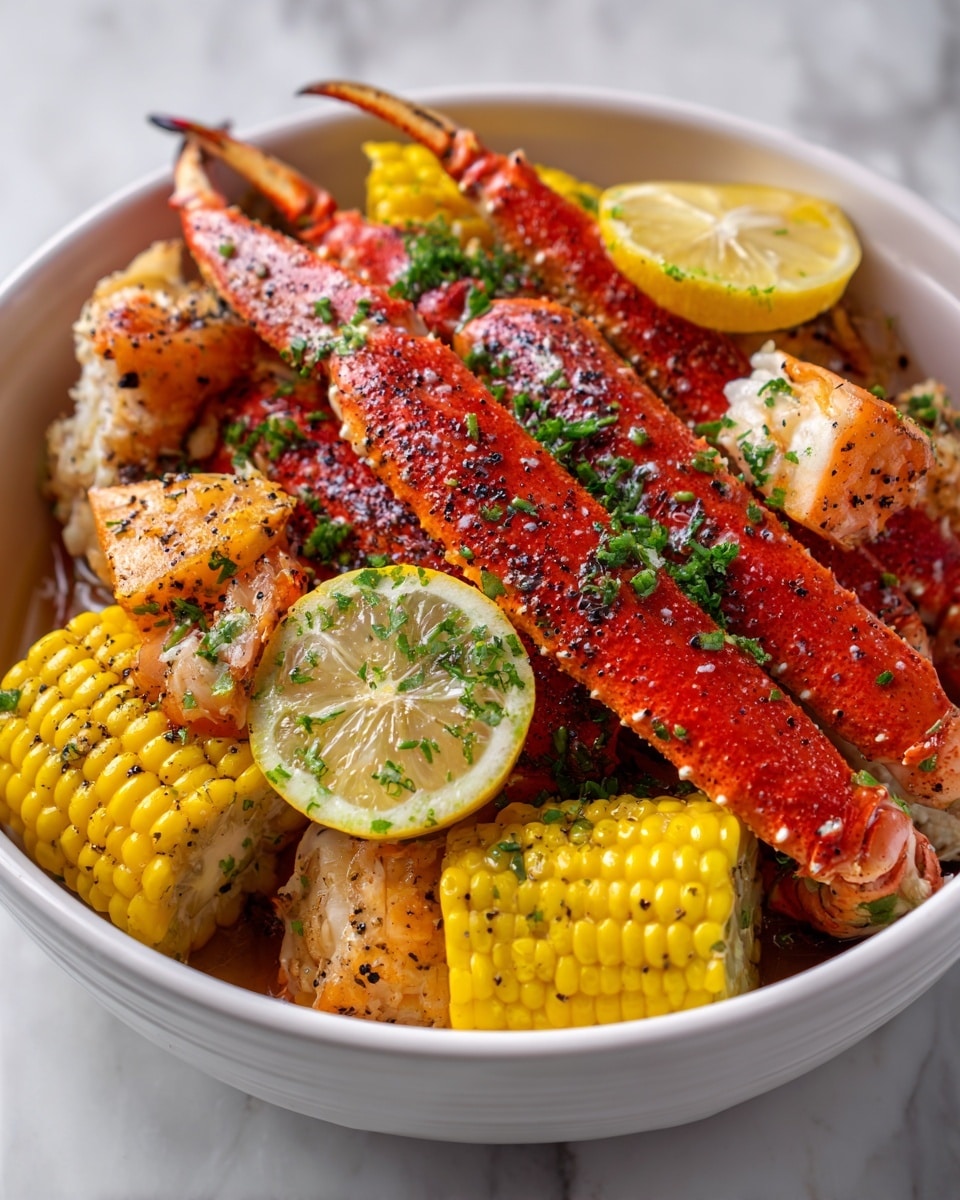 This image shows a close-up of a seafood dish with bright red crab legs arranged in the center, layered over chunks of white crab meat mixed with herbs and spices. Around the crab legs, there are several pieces of yellow corn on the cob and yellow lemon wedges, all covered in green parsley and black pepper flakes. The textures include the rough crab shell, the soft crab meat, the smooth corn kernels, and the juicy lemon parts. The ingredients fill a white bowl, all shown on a white marbled surface photo taken with an iphone --ar 4:5 --v 7
