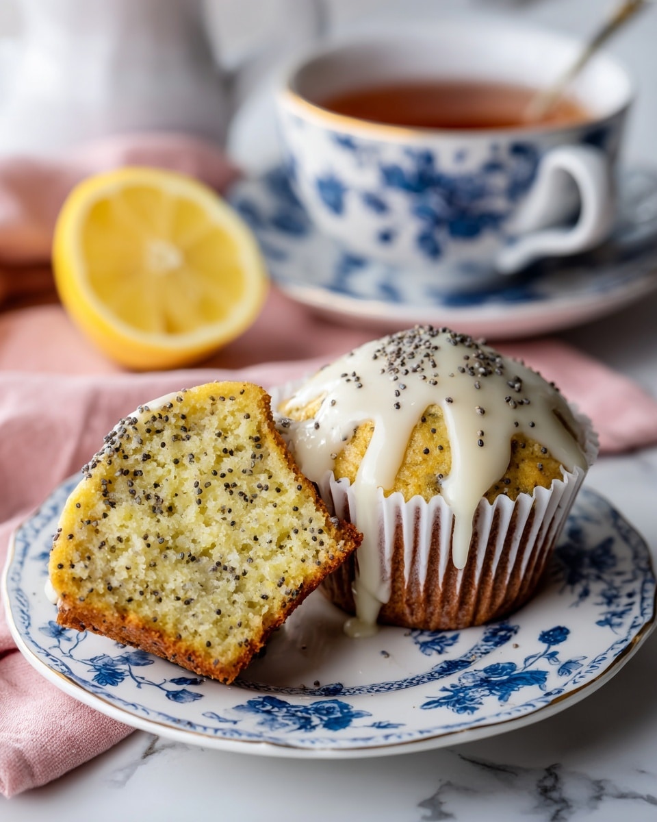 The image shows a lemon poppy seed muffin split into two pieces, placed on a white plate with blue floral patterns. The muffin has a light yellow crumb with visible small black poppy seeds scattered evenly throughout. On top, there is a drizzle of white icing that gently flows down the sides. The muffin liner, now peeled back, has a white and brown striped texture from baking. A slice of lemon and part of a blue and white teacup filled with tea sit nearby on a soft pink cloth, all set against a white marbled surface. Photo taken with an iphone --ar 4:5 --v 7