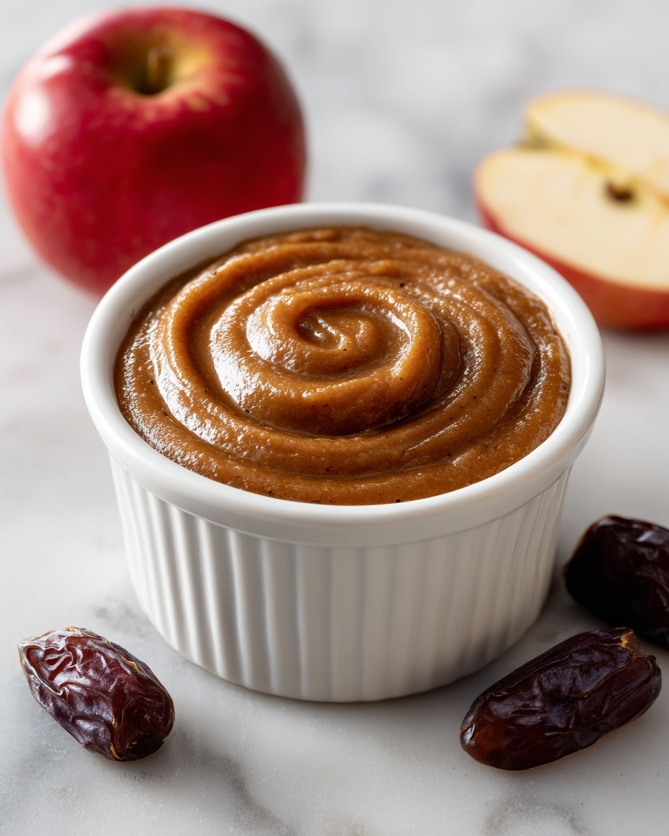 A single white ramekin filled with smooth, brown puree styled with a soft spiral pattern on top, showing a slightly shiny and thick texture. The ramekin sits on a white marbled surface with a red apple and a red apple half with visible inside and two dark brown dates nearby, adding fresh and natural elements to the scene. The lighting is bright, emphasizing the dish's rich brown color and creamy texture photo taken with an iphone --ar 4:5 --v 7
