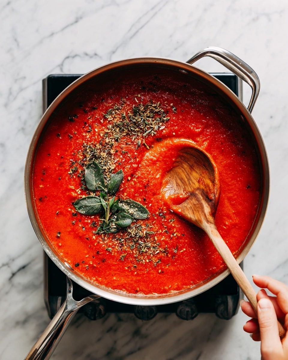 A silver pan filled with bright red tomato sauce sits on a black stove with a white marbled surface around it. The sauce is smooth with some texture and is topped with green leaves and dried herbs on one side. A woman’s hand holds a light brown wooden spoon stirring the sauce from the center to the right side. Photo taken with an iphone --ar 4:5 --v 7