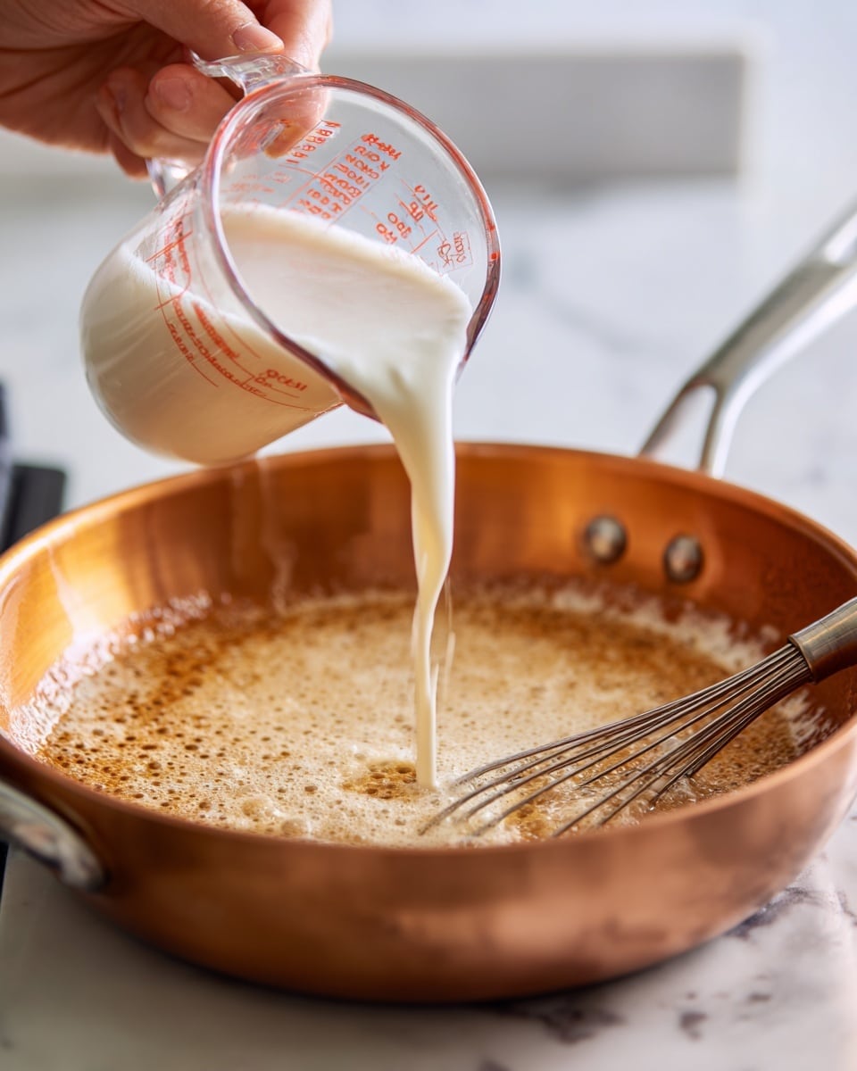 A close-up of a copper pan on a stove with a mixture being cooked inside. The mixture is light beige and slightly bubbling. A woman's hand is pouring a thick white liquid into the pan from a clear measuring cup with a red scale, and a metal whisk rests inside the pan, partially submerged in the mixture. The background is a white marbled texture. Photo taken with an iphone --ar 4:5 --v 7