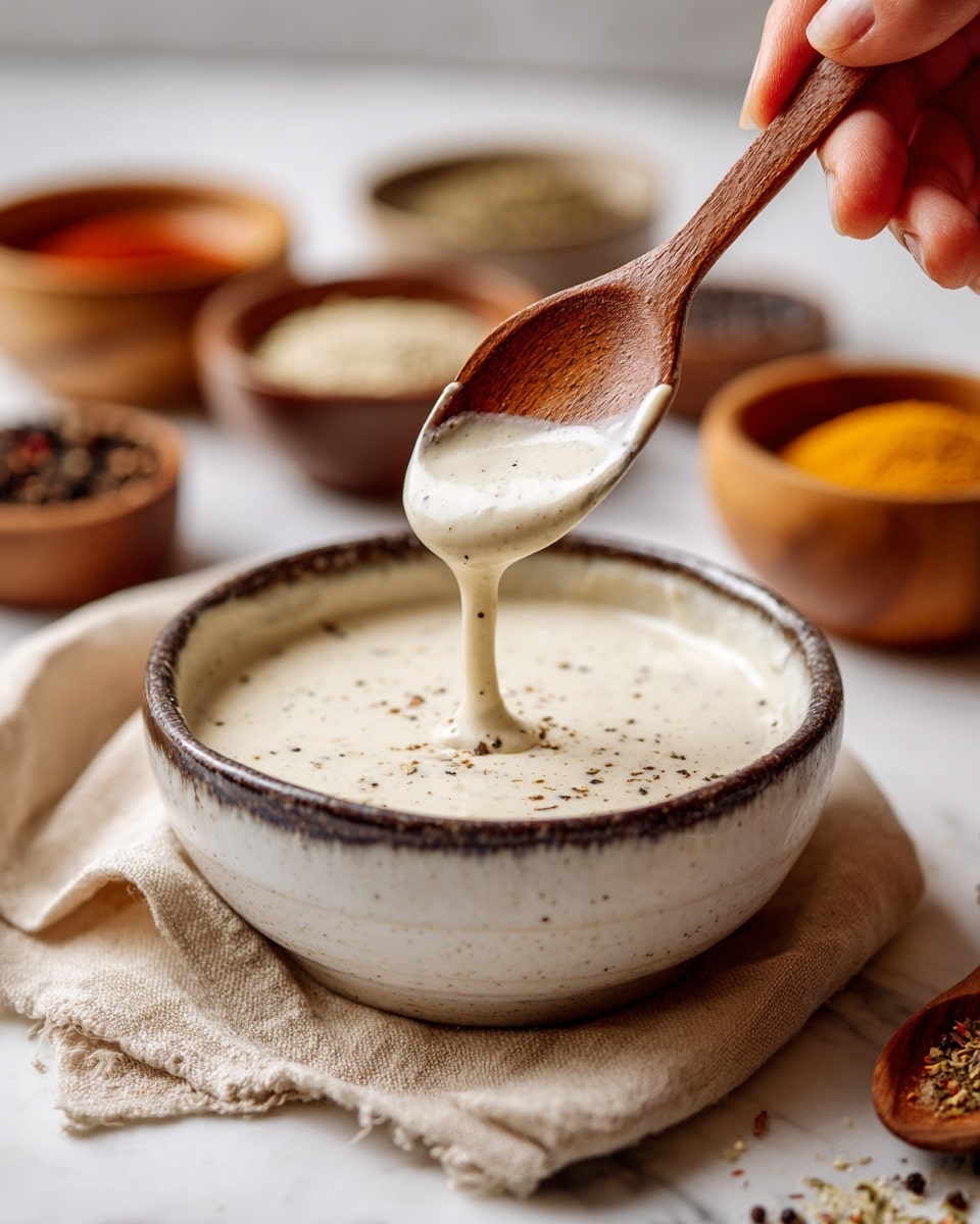 A close-up view of a creamy white sauce in a round white bowl with a dark rim, speckled with small black pepper pieces on the surface. A wooden spoon with a brown smooth texture is held above the bowl by a woman's hand, with some sauce dripping from the spoon back into the bowl. The bowl sits on a light brown cloth on a white marbled surface, with blurred bowls containing white and dark spices in the background. photo taken with an iphone --ar 4:5 --v 7