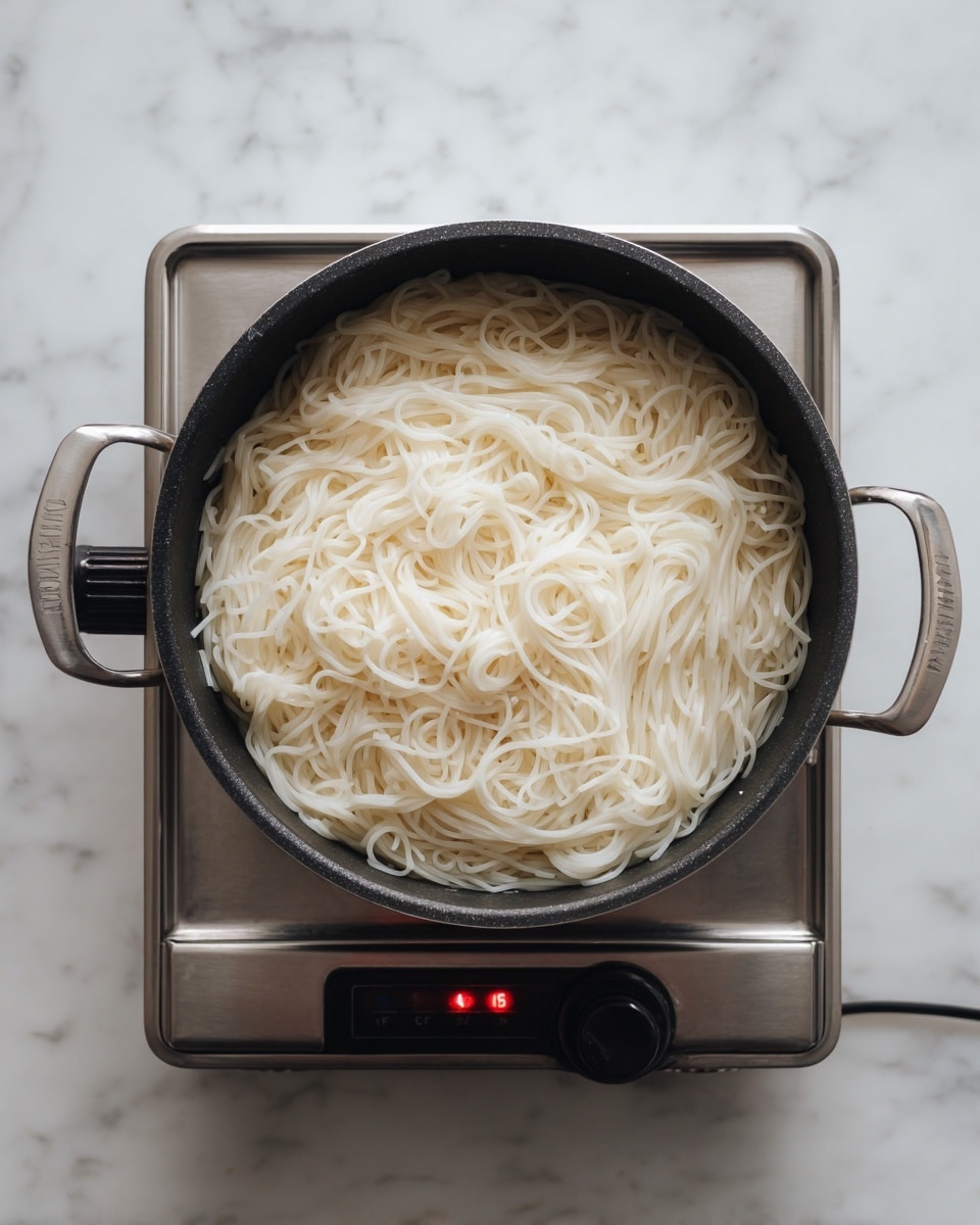 A black pot filled with soft white noodles inside, showing many thin, long strands piled evenly in the pot. The pot is placed on a small silver electric stove with a black knob and a red light on the stove's front. The whole scene is on a white marbled surface. photo taken with an iphone --ar 4:5 --v 7