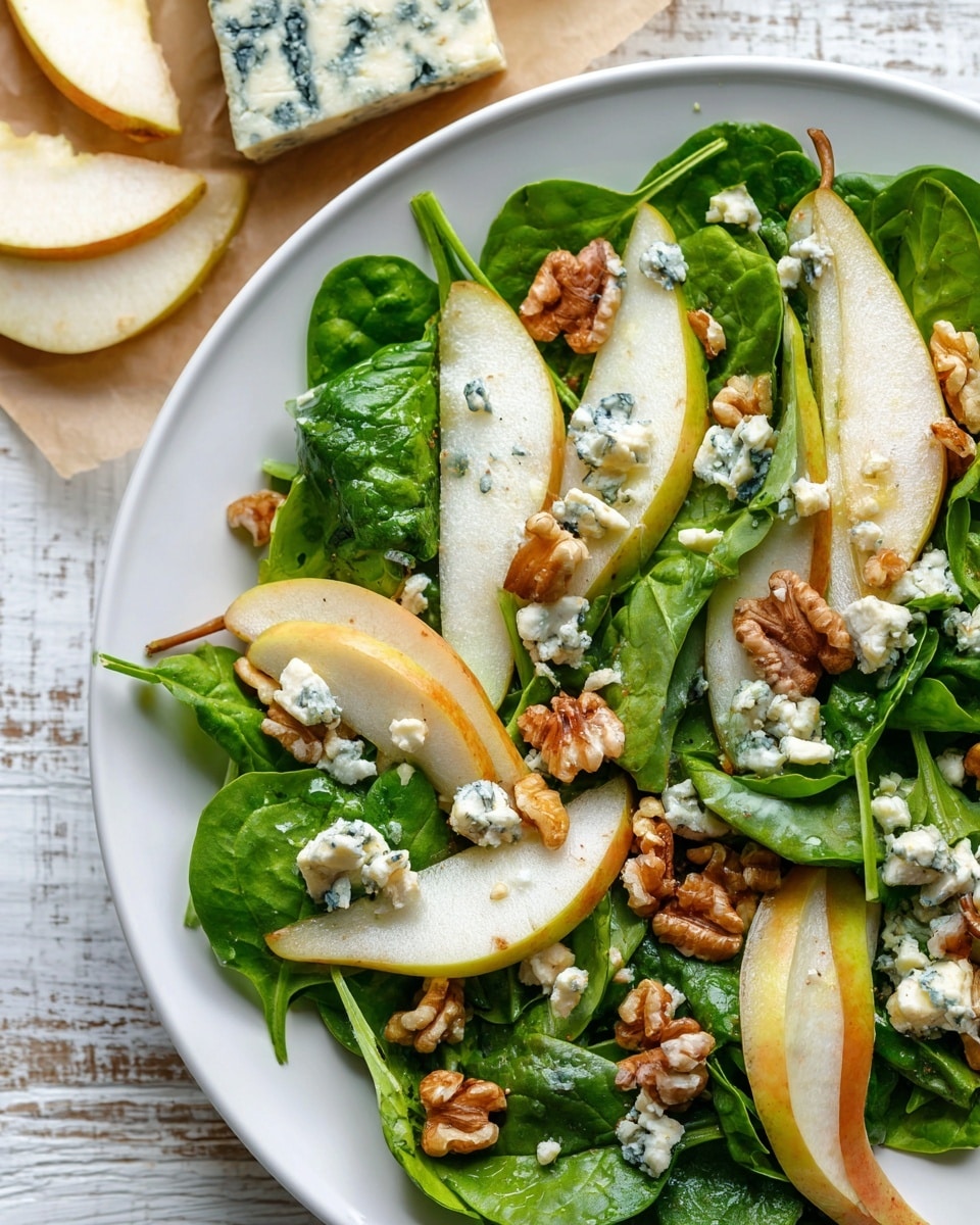 A white plate filled with a fresh green salad made of leafy spinach as the base layer; on top are thin, pale yellow slices of pear arranged in small groups, scattered bright brown walnut pieces, and crumbled chunks of blue cheese with white and blue spots. In the upper left corner, there are two slices of pear and a rectangular block of blue cheese placed on light brown parchment paper. The surface under the plate is a white marbled textured wood. Photo taken with an iphone --ar 4:5 --v 7