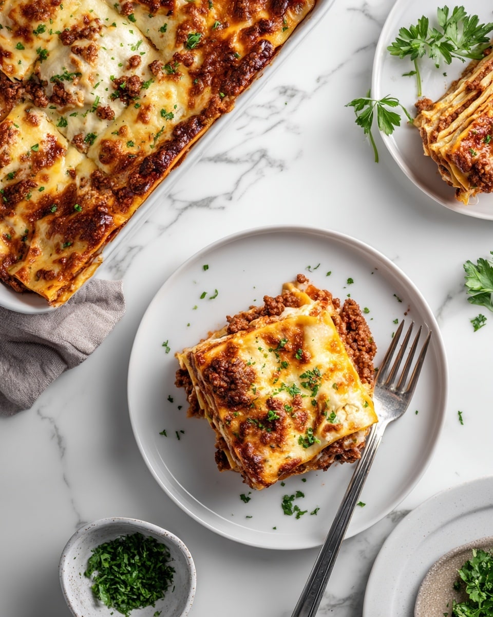 A white baking dish holds layered lasagna with visible layers of melted light golden cheese on top, red tomato sauce, and browned cooked ground meat interspersed with creamy white cheese or sauce between the pale yellow pasta sheets. One square piece is served on a white round plate showing four layers: pasta, tomato meat sauce, creamy white cheese, and melted grated cheese, all topped with small green parsley pieces. A silver fork rests on the plate, with fresh parsley scattered around the white marbled surface and a small white bowl of chopped parsley nearby. photo taken with an iphone --ar 4:5 --v 7
