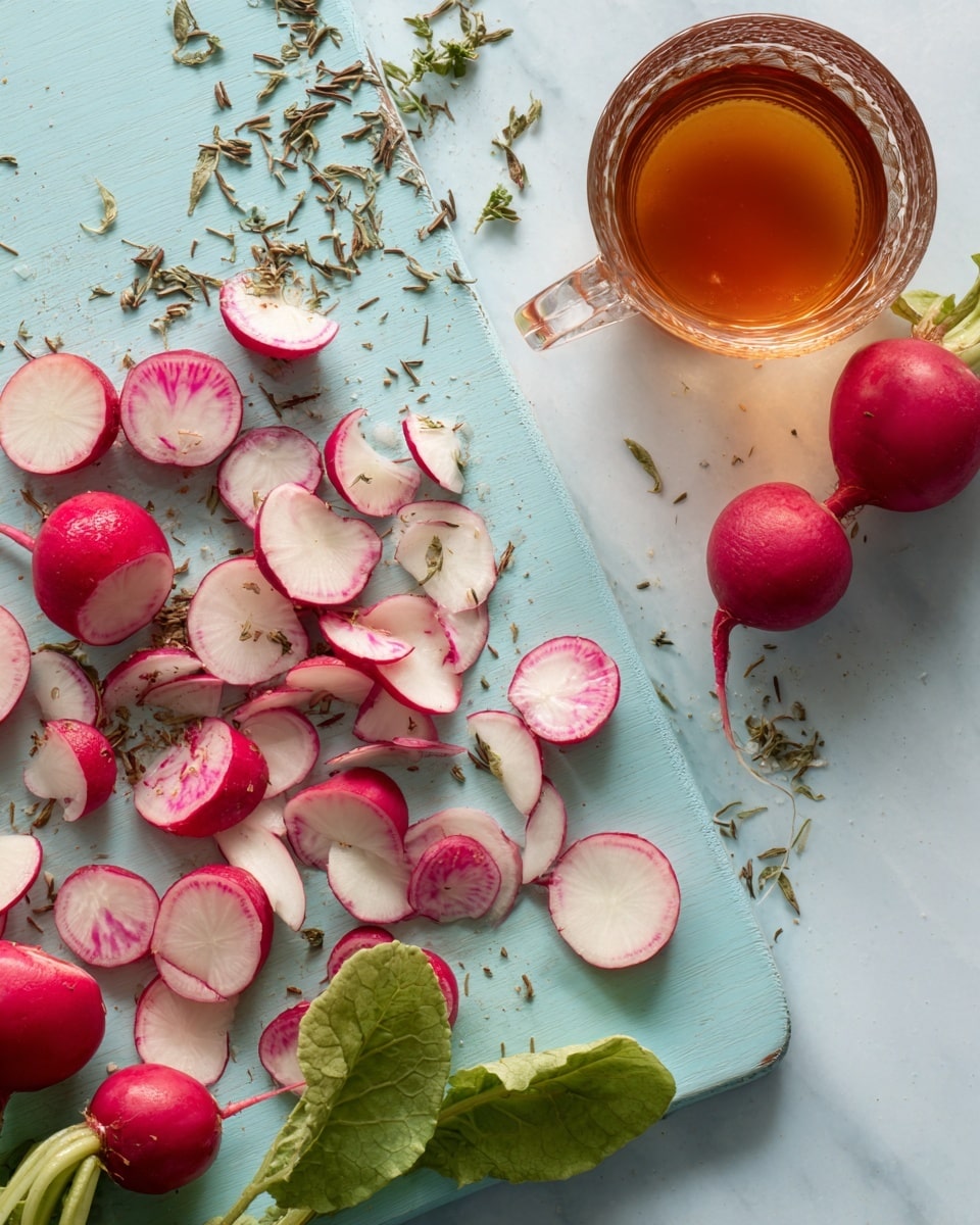 The image shows thin slices and small pieces of red and white radish spread on a light blue cutting board, placed on a white marbled surface. There are two whole radishes with green leaves on the bottom left corner of the cutting board. On the bottom right corner of the image, there is a glass cup filled with a brown liquid. Some dried herbs or seasoning are scattered on the top left part of the cutting board. A woman's hand is not visible but implied as this is a food preparation scene. Photo taken with an iphone --ar 4:5 --v 7