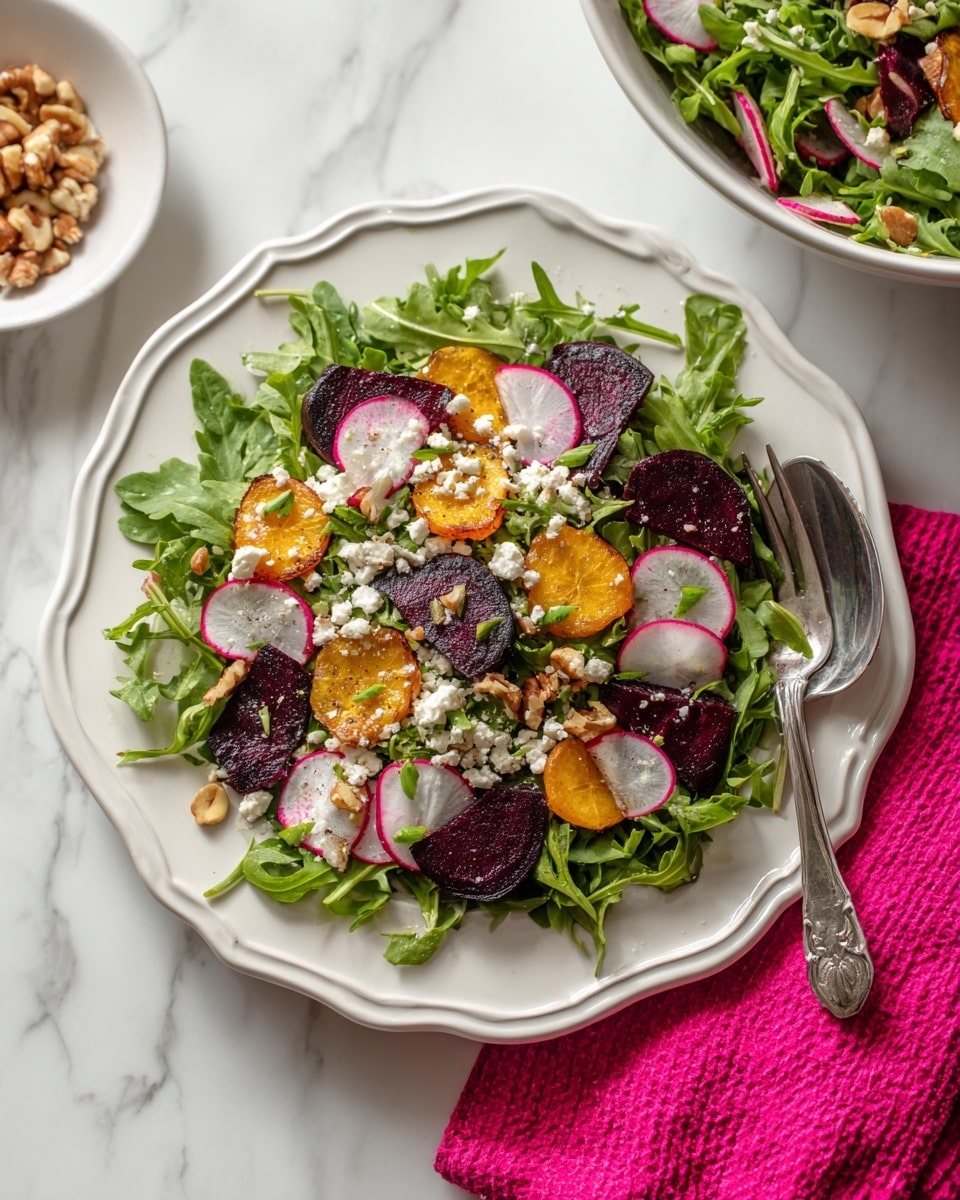 The image shows a fresh salad served on a white plate with scalloped edges. The salad has three main layers: a bottom layer of bright green arugula leaves, a middle layer of dark purple roasted beet slices, and a top layer sprinkled with white crumbly cheese, small pieces of green onion, chopped light orange nuts, and thinly sliced radishes with white and red edges. The plate is placed on a white marbled surface with part of a white bowl of similar salad and a bright pink, textured cloth visible on the right side of the image. A silver spoon rests on the edge of the plate. photo taken with an iphone --ar 4:5 --v 7