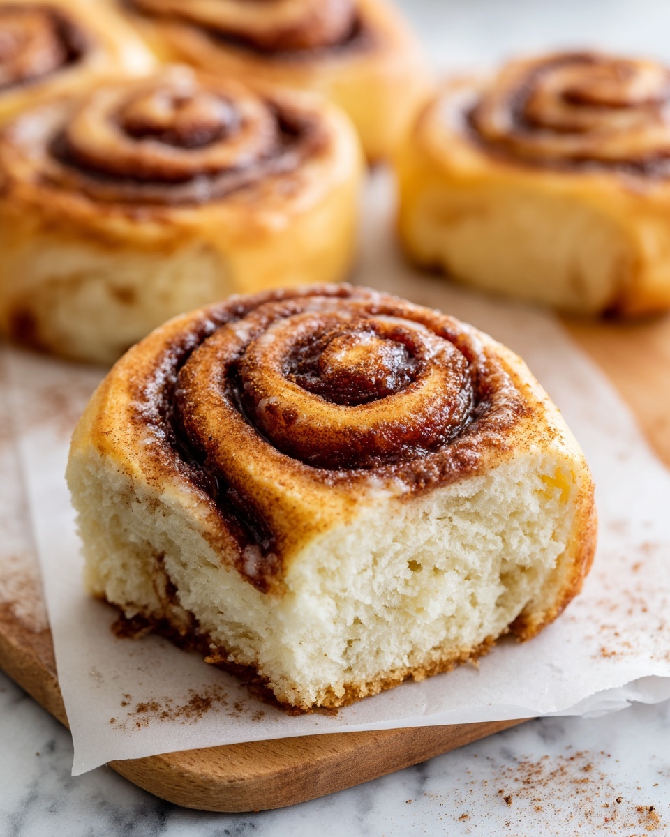 The image shows a close-up of a cinnamon roll sliced to reveal its layers: the outer dough is light brown and crumbly, surrounding a dark brown, smooth cinnamon filling that forms a spiraled pattern in the center; the top has a light dusting of cinnamon powder. The cinnamon rolls are placed on a white parchment paper over a wooden board, with more cinnamon rolls blurred in the background. The surface under the board is a white marbled texture with a few scattered cinnamon crumbs. Photo taken with an iphone --ar 4:5 --v 7