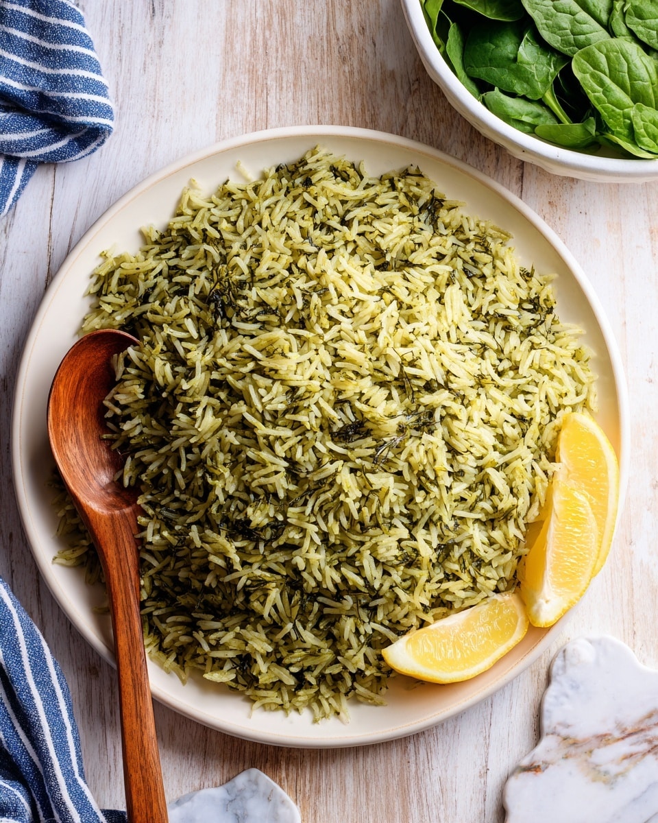 A large white plate filled with a mound of green rice, each grain separate and mixed evenly with herbs, showing a slightly oily texture. On the right edge of the plate, there are two yellow lemon wedges placed close together. A wooden spoon rests partially on the rice near the lemon wedges. The plate is set on a light wooden surface with a white marbled texture in the background. In the top right corner, there is a white enamel bowl filled with fresh dark green spinach leaves, and a blue and white striped cloth is partly visible in the top left corner. Photo taken with an iphone --ar 4:5 --v 7