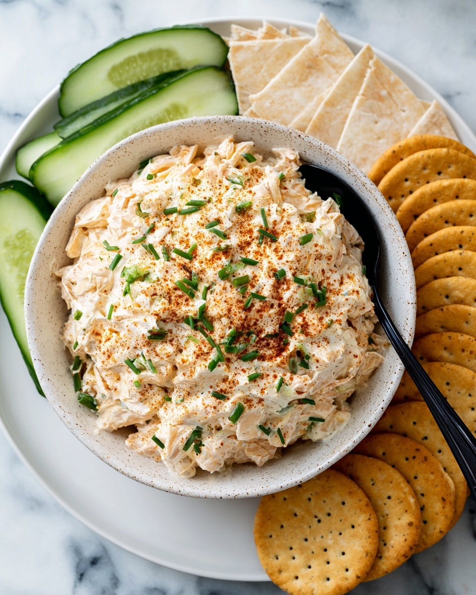 A white speckled bowl filled with creamy chicken salad sits in the center of a white plate. The chicken salad is thick and chunky with a light beige color, sprinkled with finely chopped green chives and a light dusting of reddish-brown paprika along the middle top. On the right side of the bowl, there is a stack of round, golden-brown crackers with a slight shine and poppy seeds. On the left side of the bowl, there are pale green cucumber sticks and behind them, some light tan pita chips are arranged in a triangular shape. The setup is on a white marbled surface with a black spoon resting inside the bowl. Photo taken with an iphone --ar 4:5 --v 7