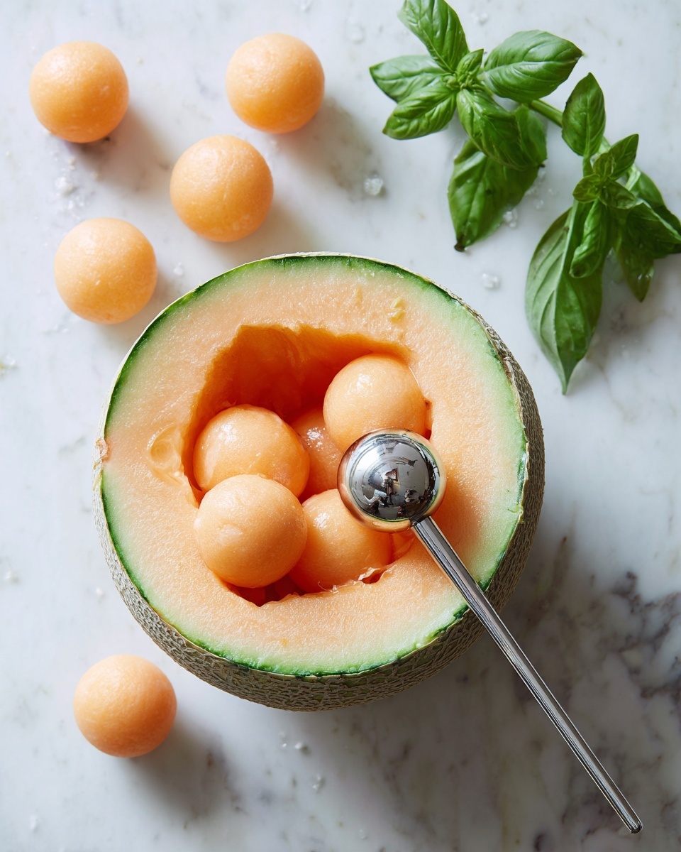 A halved cantaloupe melon with several ball-shaped scoops already removed from its orange flesh, showing a smooth green rind around the edge, lies on a white marbled surface. A silver melon baller rests inside the melon, with a shiny round scoop at the end. To the upper left of the cantaloupe, there are multiple loose melon balls scattered naturally. At the top right, a small bunch of fresh green basil leaves adds a pop of color. The scene is bright and simple, focusing on the fruit and the tools used for shaping it. photo taken with an iphone --ar 4:5 --v 7