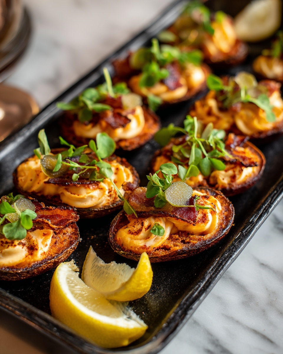 The image shows a black tray with parchment paper holding about 24 small deviled eggs arranged in rows. Each deviled egg has three layers: a white egg base, a thick orange-yellow creamy filling in the middle with a swirled texture, and small pieces of crispy bacon and green pickle slices on top, along with tiny green celery leaves for garnish. The tray is placed on a wooden surface with a white marbled texture, surrounded by lemon wedges, a yellow checkered cloth in the top left corner, and wooden bowls filled with pickles and more of the creamy mixture. The scene is brightly lit and cozy. photo taken with an iphone --ar 4:5 --v 7