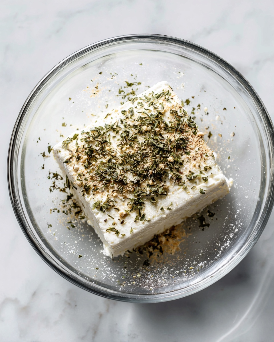 A clear glass mixing bowl sits on a white marbled surface, holding a single rectangular block of creamy white cheese at the center. The top of the cheese is sprinkled with a mixture of dried green herbs and light brown seasoning powders, adding texture and color contrast. The cheese has a soft matte texture with a slight golden sheen on one edge. The bowl is simple and transparent, showing the smooth inside surface. Photo taken with an iphone --ar 4:5 --v 7