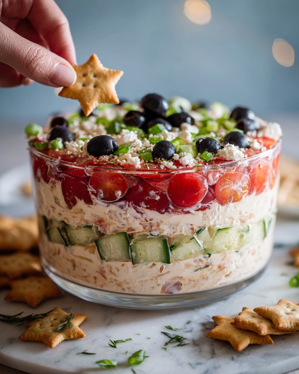 A clear glass bowl with five colorful layers of dip sits on a white marbled surface. The bottom layer is thick and white, creamy in texture. Above that is a thick light beige layer. The third layer is made of small bright green cucumber pieces. Next is a layer of juicy red tomato slices, topped with dark sliced olives. The fifth layer is white crumbly cheese sprinkled with chopped green onions. A woman’s hand holds a star-shaped cracker with some dip, a small black olive piece, cheese, and green onion on top, just above the bowl. Additional star-shaped crackers and green herbs are scattered around the bowl. Photo taken with an iphone --ar 4:5 --v 7