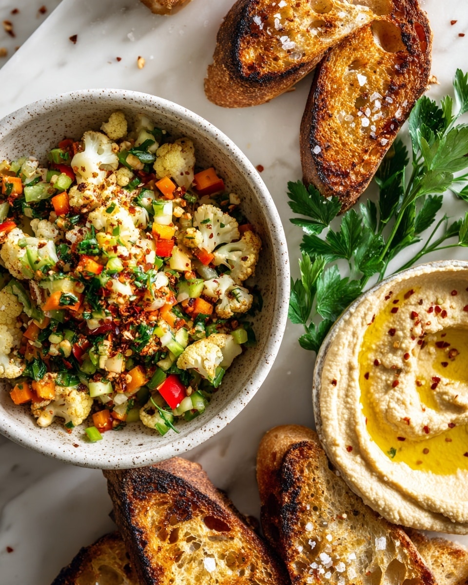 The image shows a white speckled bowl in the center filled with a colorful mix of small chopped vegetables including green celery, red bell pepper, white cauliflower, and green herbs, sprinkled with chili flakes. To the right, there is a white speckled bowl filled with creamy beige hummus with olive oil pooled in the center. Surrounding these bowls are several pieces of toasted bread with golden brown and slightly charred edges, sprinkled with coarse salt and glistening with olive oil. The background features a white marbled surface and a sprig of fresh green parsley lies between the bowls and toast pieces. The lighting is bright, highlighting the textures and colors vividly. Photo taken with an iphone --ar 4:5 --v 7