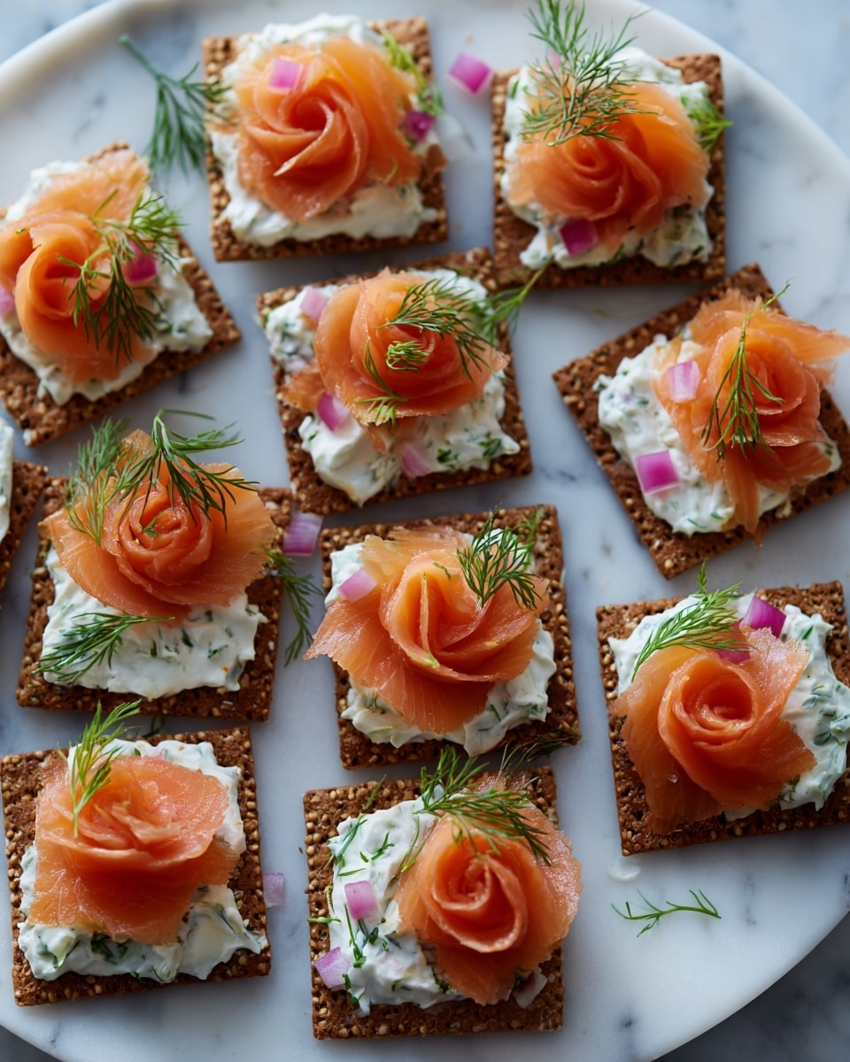The image shows many small square dark brown crackers arranged on a white plate with a white marbled surface, each topped with a layer of soft white cream cheese with green herbs mixed in, and a delicate pinkish-orange folded slice of smoked salmon on top. The salmon has a smooth, slightly shiny texture and is shaped like a small rose or swirl. Tiny green dill sprigs and tiny pieces of pink onion are scattered over the cream cheese and plate, adding bright green and light pink colors. The whole scene is bright, fresh, and neatly presented. photo taken with an iphone --ar 4:5 --v 7
