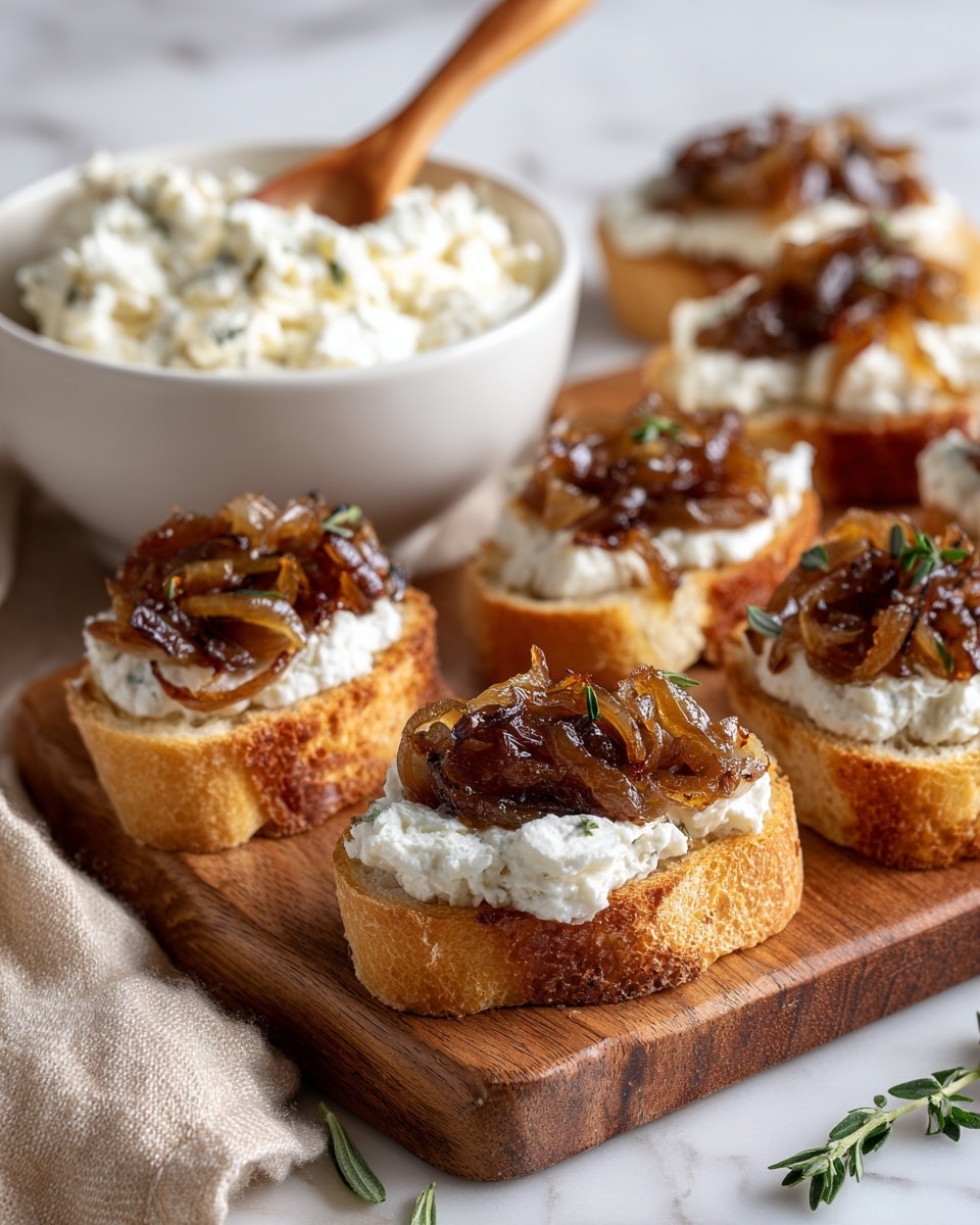 Several small pieces of toasted baguette have two layers: the first layer is soft, white creamy cheese spread thickly, and the second layer is caramelized onions with a rich brown color, placed on top. The toasts have a golden brown crust with a slightly rough texture. They are arranged casually on a wooden board with some herbs sprinkled around. In the foreground, there is a white bowl filled with more creamy cheese and a wooden spreader inside it. The setting is on a white marbled surface with a soft beige cloth partially visible. Photo taken with an iphone --ar 4:5 --v 7